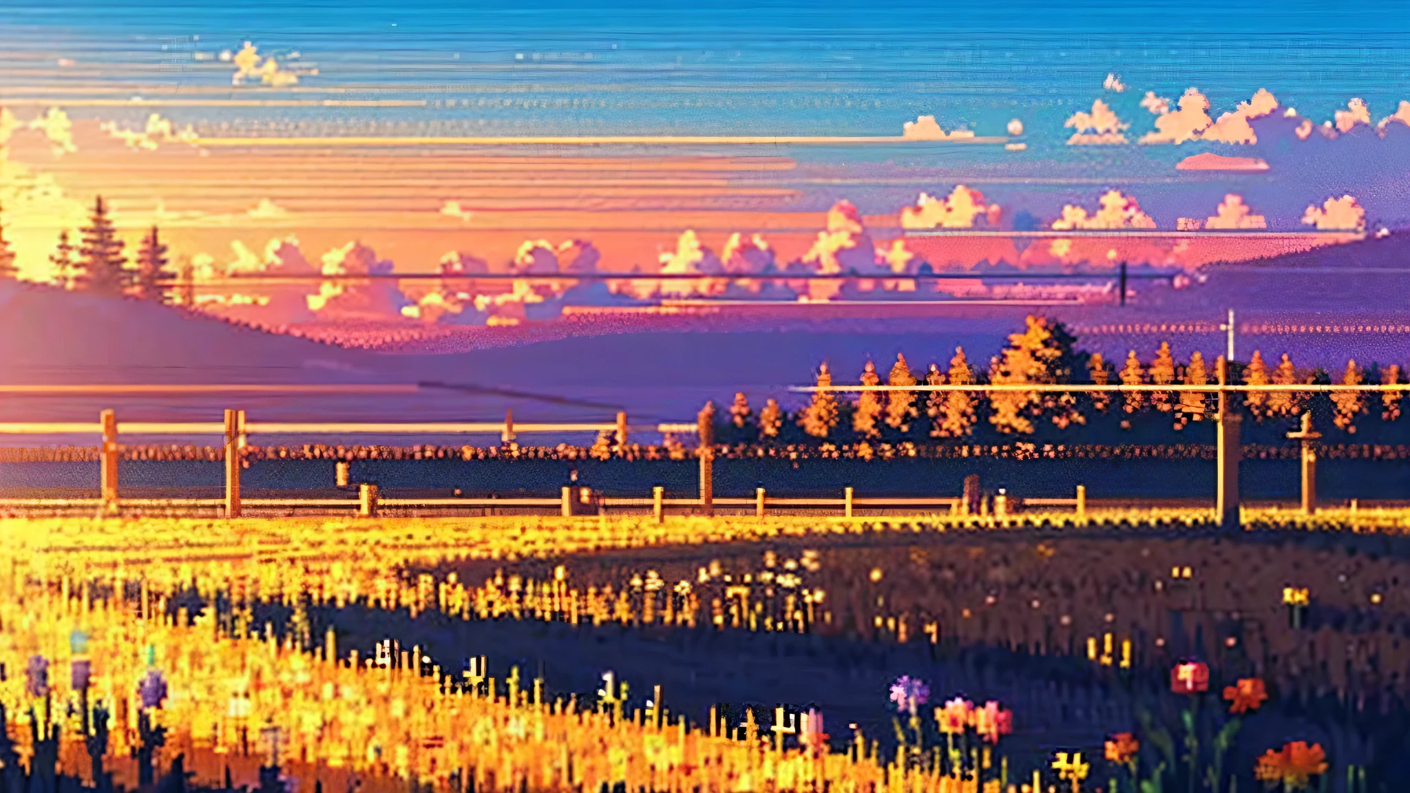 A beautiful sky in a beautiful open place depicted in pixel art can create a serene and peaceful atmosphere. Here's a description of such a scene: The sky dominates the pixel art canvas, showcasing a breathtaking view of a sunset or sunrise. The colors transition smoothly from a deep, rich blue at the top to warm hues of orange, pink, and purple near the horizon. Soft, pixelated clouds float gently across the sky, their colors reflecting the vibrant palette of the sunset or sunrise. As the sun rises or sets, its glowing orb is visible on the horizon, casting a warm, golden light over the landscape. This light creates a gradient effect, subtly illuminating the sky and enhancing the colors of the scene. The open place below the sky could be a vast field, a serene beach, or a tranquil meadow. The landscape is simple yet beautiful, consisting of gentle, rolling hills, a calm body of water, or a stretch of sandy shore. The open space may have a few scattered trees, tall grass, or flowers, all of which gently sway in the breeze. The foreground could include a small, pixelated figure—a person, animal, or even a quaint structure like a wooden cabin or a boat—admiring the stunning view. This element adds a sense of scale and depth to the scene. As the light from the sky casts its glow over the open place, subtle shadows and highlights appear on the landscape, enhancing the overall atmosphere. The pixel art captures the tranquility and beauty of nature, offering a peaceful escape to those who view it.