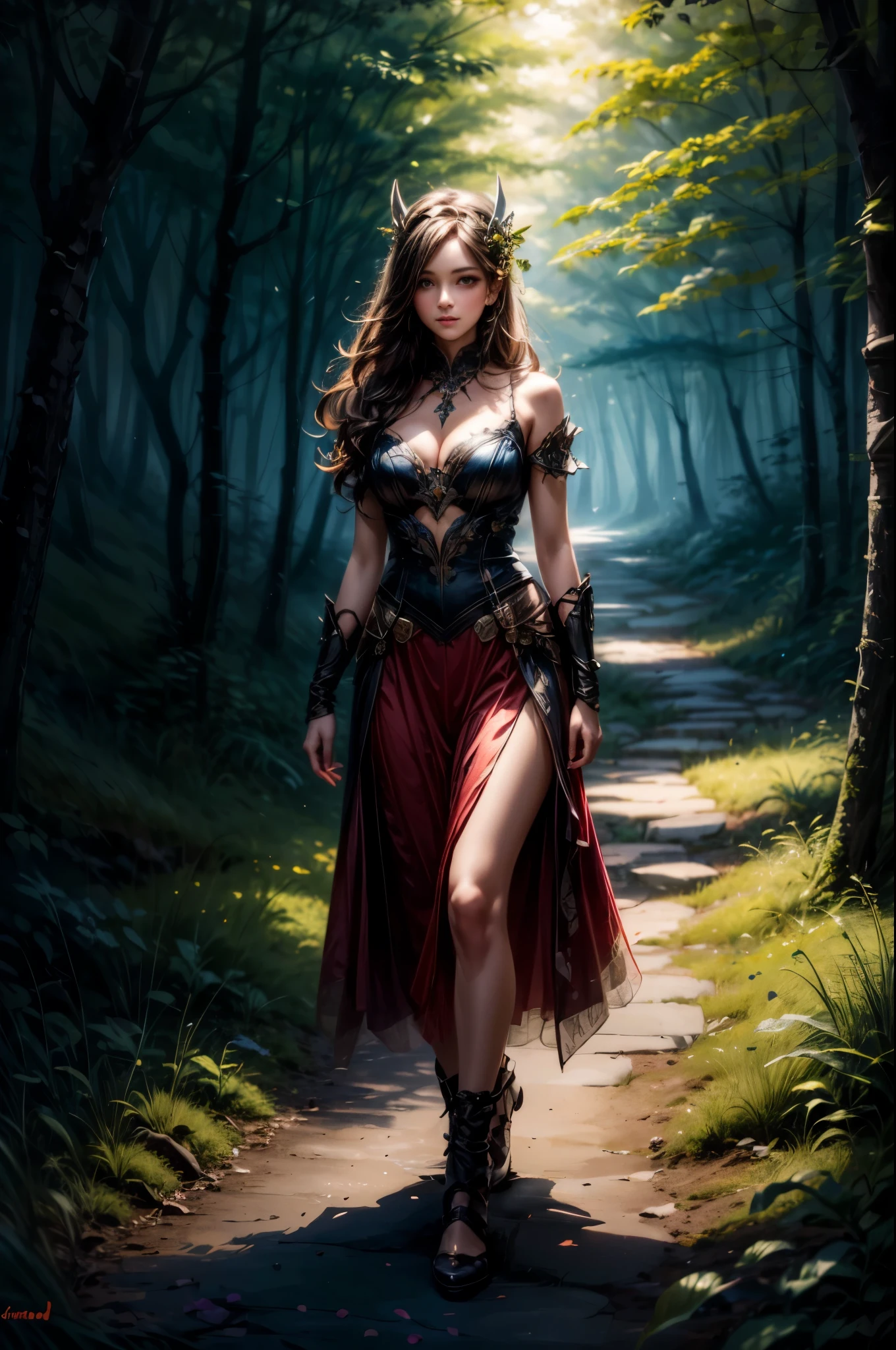 dark fantasy forest, glowing wild flowers, dark night, glowing reatures, 1 girl, beautiful sexy girl in surreal magical forest, seductive pose, full portrait, night, glowing forest, walking on a forest path