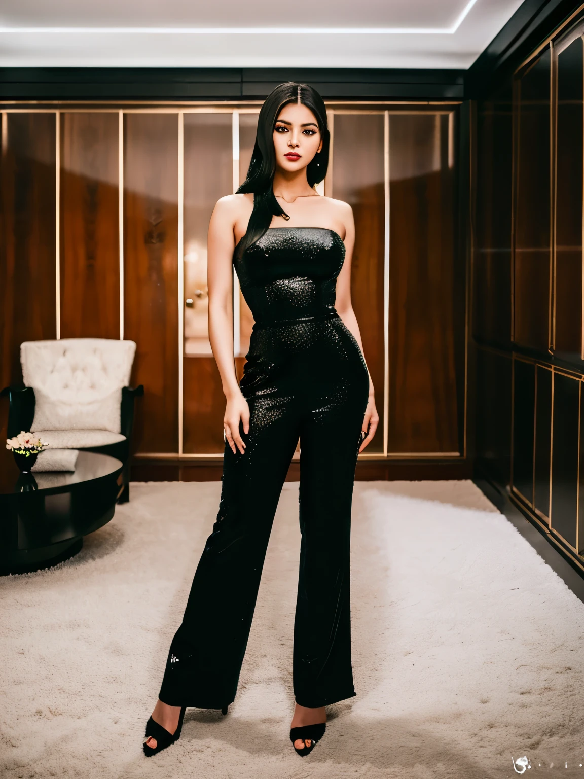 Qualidade realidade 4k, uma mulher de cabelo curto preto tigelinha, olhos escuros, a black dragon qipao outfit, a pair of low-waisted dress pants and two professional knives at home