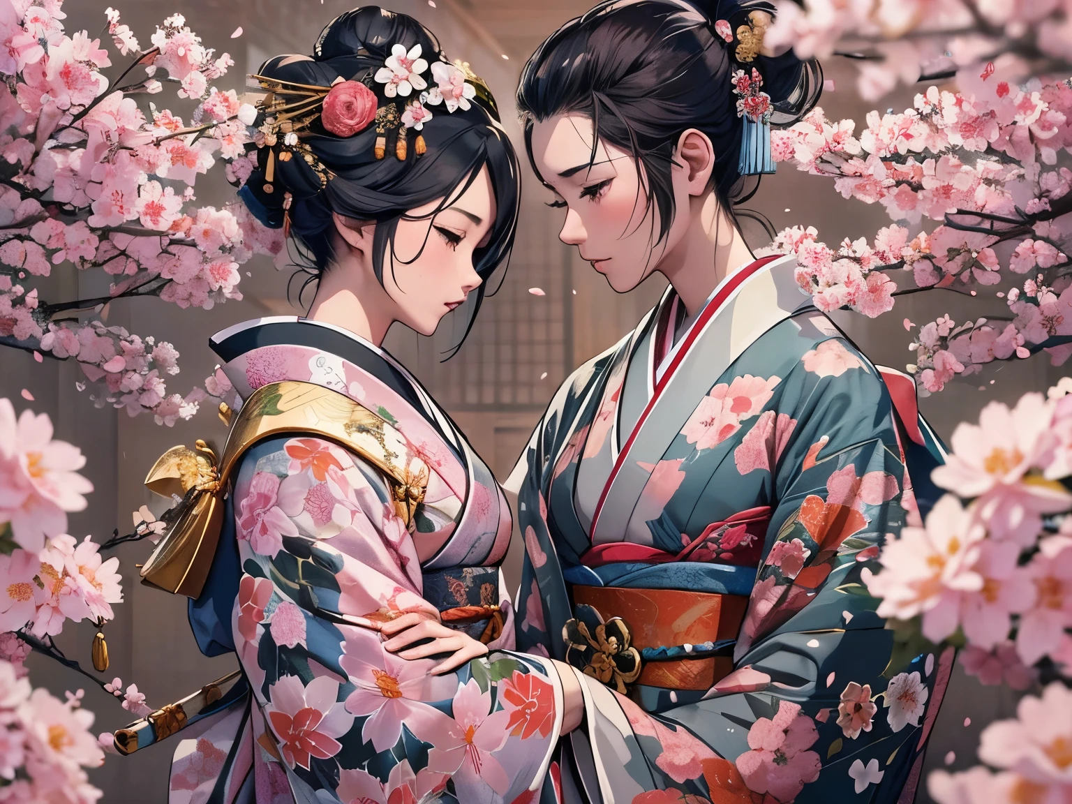 (best quality,4k,8k,highres,masterpiece:1.2),ultra-detailed,(realistic,photorealistic,photo-realistic:1.37),geisha and samurai couple, boy and girl ,meeting in a sakura garden, traditional Japanese scene, breathtakingly beautiful geisha, fierce and noble samurai, delicate cherry blossom petals floating in the air, vibrant colors, soft lighting, intricate kimono patterns, Japanese tea ceremony set in the background, poetic atmosphere, romantic ambiance, vivid cultural portrayal, traditional art style, graceful gestures, intense eye contact, peaceful and serene surroundings, focus on facial expressions and emotions, attention to fine details, elegant hairstyles, sparkling geisha accessories, stoic samurai armor, contrasting yet harmonious presence, poetic and symbolic representation, serene water feature reflecting cherry blossoms.