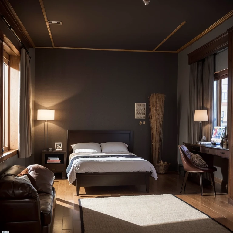 (((full medium shot))), (Masterpiece, photorealistic, photorealism, best quality, ultra-detailed:1.3), (nice hands, perfect hands), official art, cinematic light, (1girl:1.3), adult, long dark brown hair, golden eyes, bedroom, game room, comfortable, dark walls, RGB lights, quiet, window, night view, keyboard, pc, mouse, laptop, mattress, headset, speakers, stickers, soda drinks.