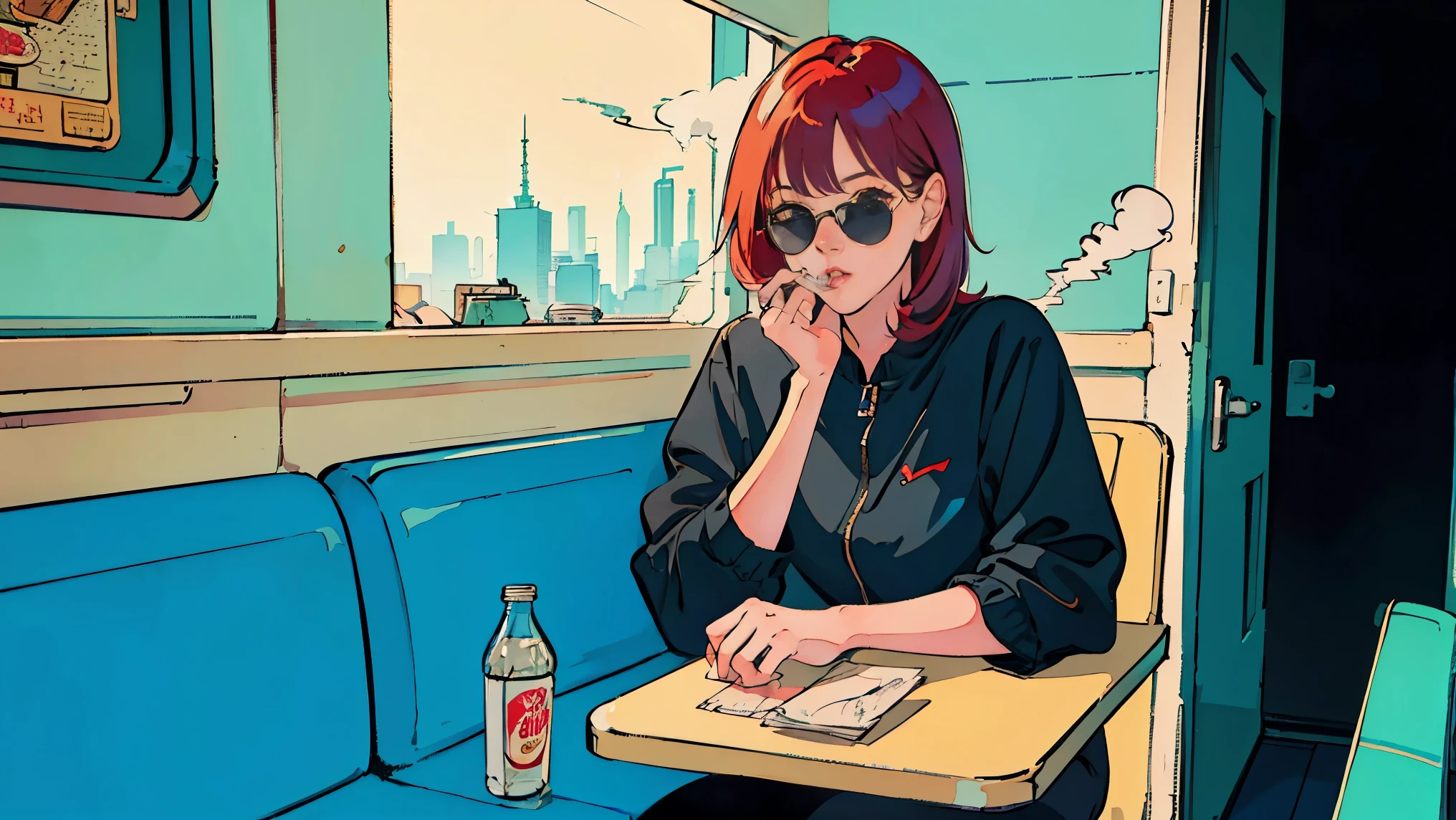 Beautiful redhead Asian girl sitting in a diner early in the morning, Visible from the window, perfect face, sunglasses, Smoking white Taylormade cigarettes, neon black, (with backlight: 1.1), hard shadow, masterpiece, highest quality, Complex, model shooting style, vintage, film grain, incomplete details、While eating