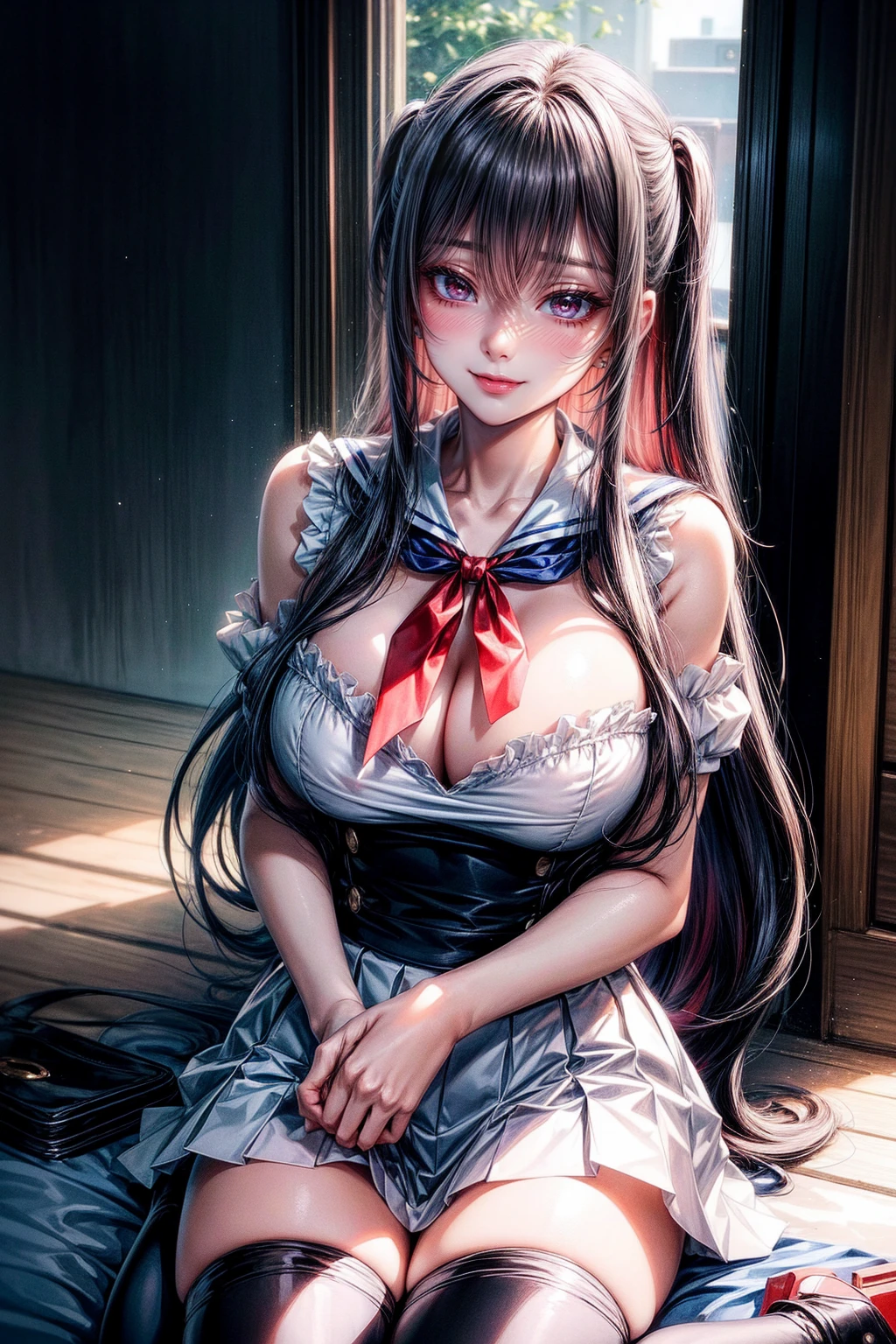 Simple white background, , serafuku,red necktie,clavicle, cleavage, (Bare_Neck:1.5), black thighhighs,Short sleeves, Navy blue and white shirt ,Puffy sleeves,a sailor suit,blue sailor collar, Blue skirt, Black hair, Blunt bangs,Long hair,Brown eyes, 1 girl, 20yr old,infp young woman,Beautiful Finger,Beautiful long legs,Beautiful body, Beautiful nose,Beautiful character design, Perfect eyes, Perfect face,Expressive eyes,Perfect balance, Looking at Viewer,(Focus on her face),Closed mouth, (Innocent_Big_Eyes:1.0),(light_Smile:0.3), Official art,the Extremely Detailed CG Unity 8K Wallpapers, Perfect Lighting,Colorful, Bright_front_Face_Lighting,White skin, (masutepiece:1.0),(best_quality:1.0), 超A high resolution,4K,Ultra-detailed, Photography, 8K, nffsw, hight resolution, absurderes:1.2, Kodak Portra 400, Film grain, Blurry background, Bokeh:1.2, Lens Flare, (Vibrant_Color:1.2),professional photograpy, (Beautiful,Large_breasts:1.4), (Beautiful_Face:1.5),(narrow_waist),