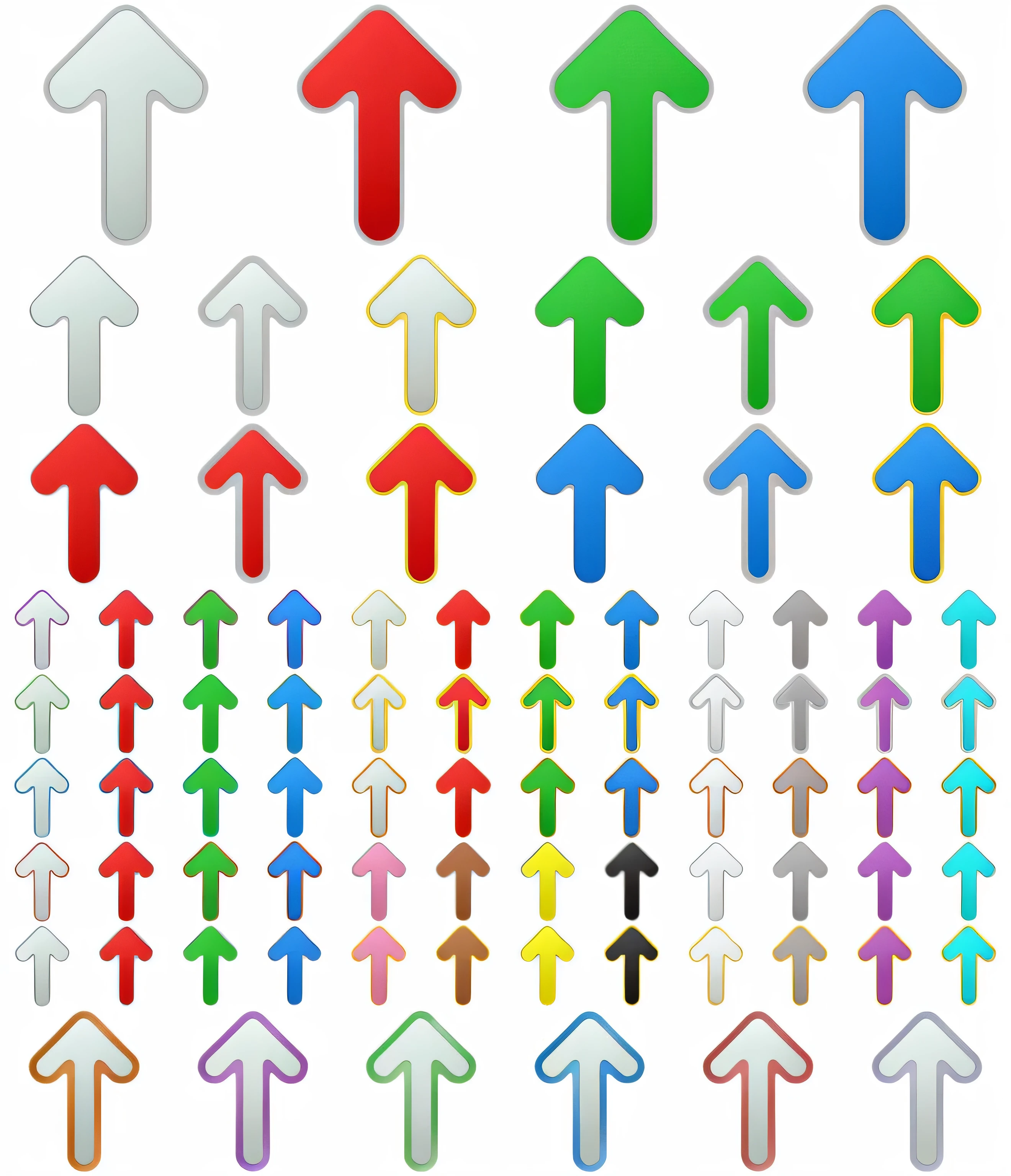arrows in different colors are arranged in a row, metallic arrows, various colors, arrow shaped, arrows, thick squares and large arrows, various angles, upward angle, game icon asset, high view, up, multiple colors, colorful clear sharp focus, wide range of colors, ornamental arrows, no gradients, untextured, upwards, tilt up angle, top down photo