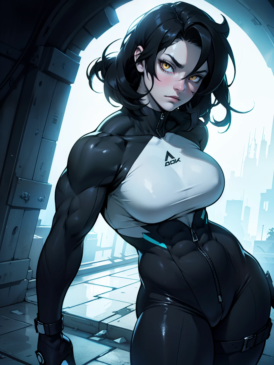 (1 girl muscular) yellow eyes large breasts pale skin skintight black hair sad dark atmosphere backlighting