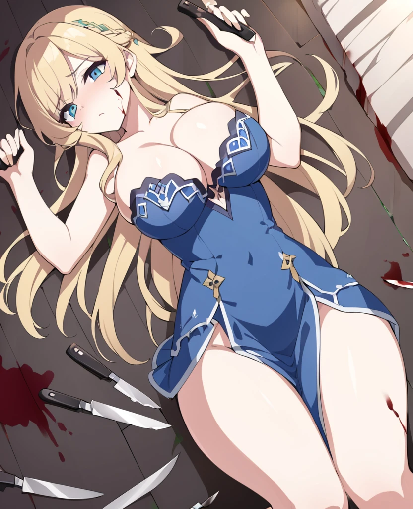Esmeralda, 18 years old, long blonde hair, blue eyes, big breasts, half naked, her blue dress destroyed with knives and blood cuts in her room, all closed because she is a slave that cannot be seen by others, only people of the kingdom, lying suffocated, if she were dead in floor.hentai