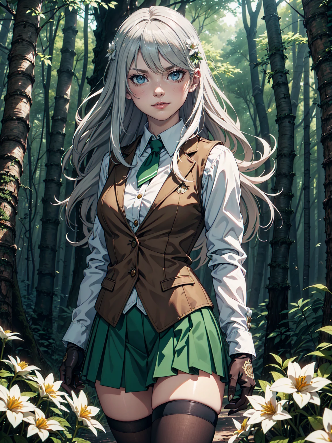 Ultra High Definition, Ultra High Quality, Hyper Definition, Hyper Quality, Hyper Detailed, Extremely Detailed, Perfectly Detailed, 8k, 1 Anime Female, Female Heroic Pose,  Long Silver Hair, Women's Brown Vest, shirt, Green Skirt,  Tights, Gloves, Solid Green Eyes,  Smirk Expression, White Flower Barrette, Dressed in school  , Forest Panoramic Background
