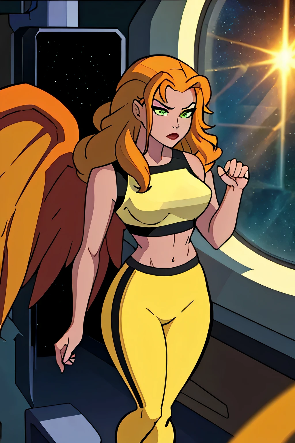 (masterpiece, best quality:1.2), Shayera, 1girl, solo, breasts, pants, yellow crop top, indoors, space station, glass window, space background, yellow leggings, wings, dark orange hair, green eyes