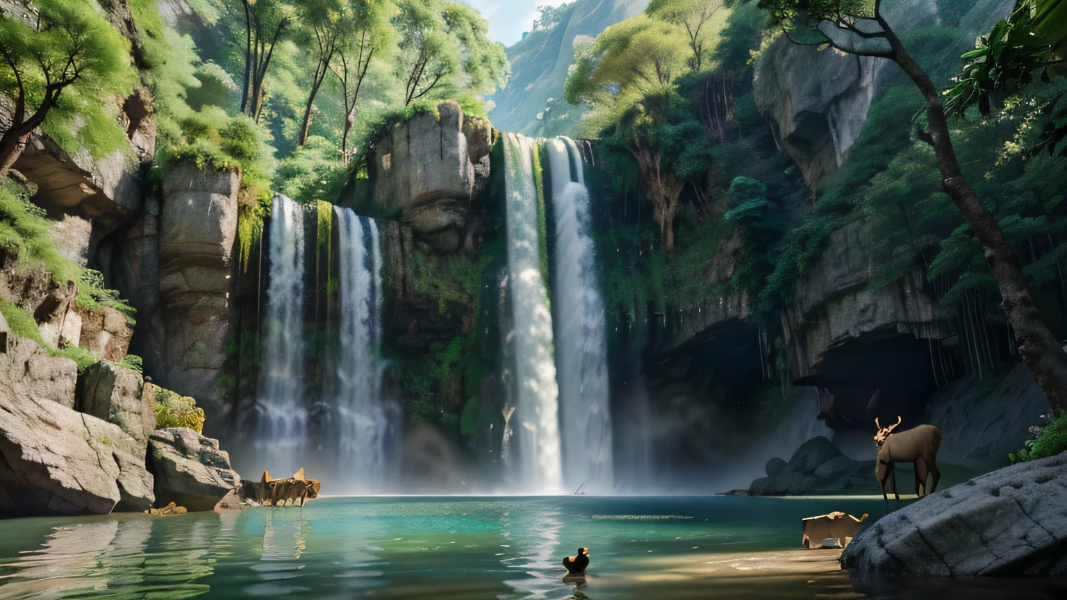 Chinese ancient times, spring, jungle, lake, cave, waterfall, tree, meadow, rock, deer, hot spring, water vapor, (illustration: 1.0), epic composition, realistic lighting, HD details, masterpiece, best quality, (very detailed CG unified 8k wallpaper)