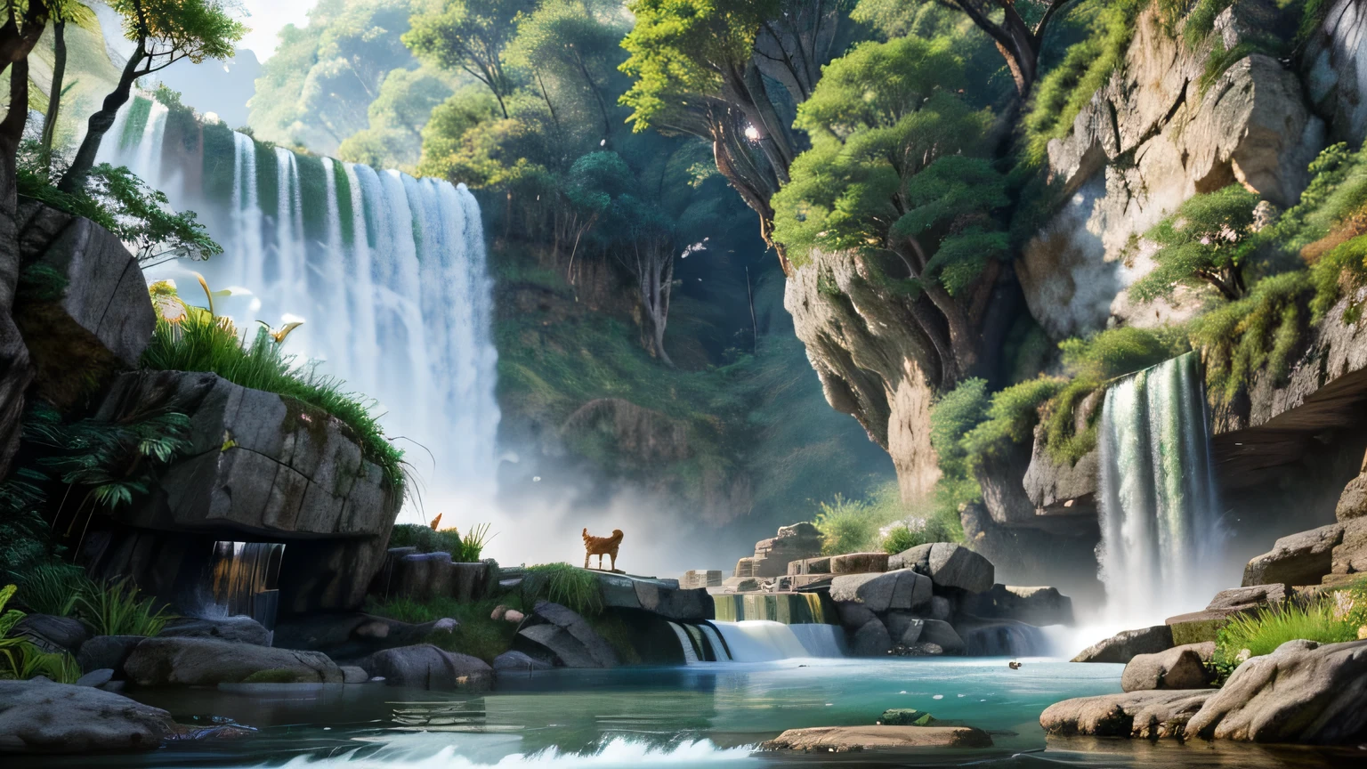 Chinese ancient times, spring, jungle, lake, cave, waterfall, tree, meadow, rock, deer, hot spring, water vapor, (illustration: 1.0), epic composition, realistic lighting, HD details, masterpiece, best quality, (very detailed CG unified 8k wallpaper)