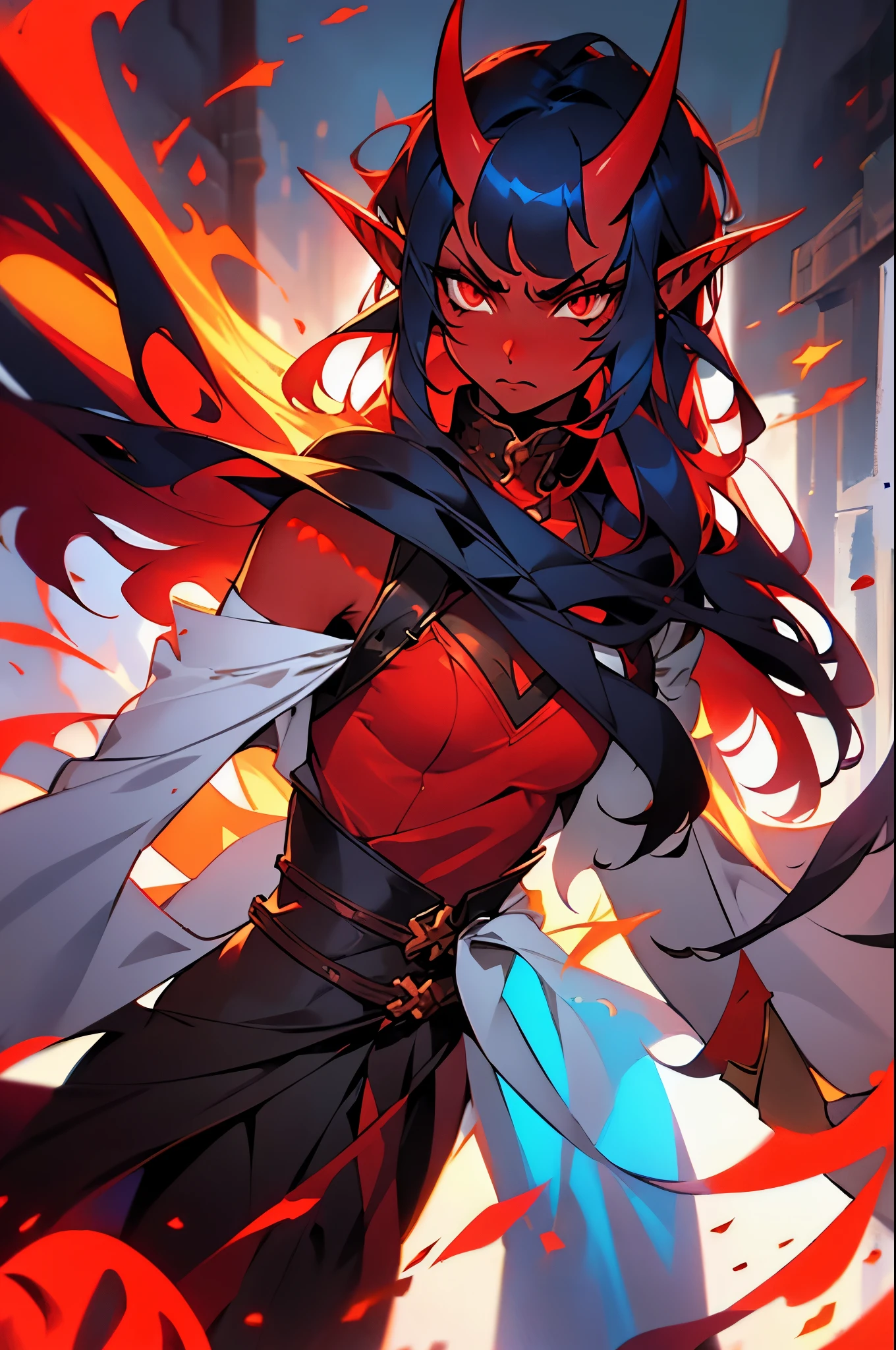 1 , Tiefling , solo, red-skinned girl, red skin, black hair, long black hair with curtain bangs, elf ears, red eyes, horns on forehead, oni horns, scowling, angry expression, dirty face, dirt on face, 8k, highdef, ultrares, high quality face, high quality