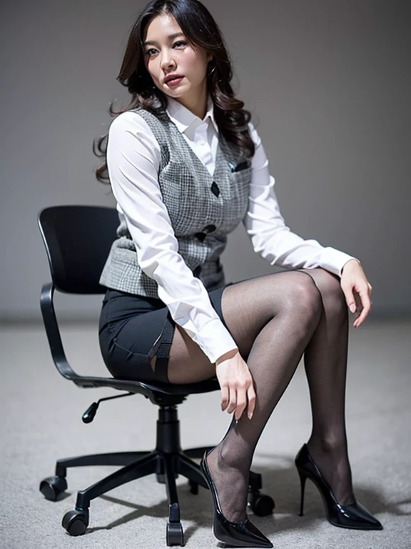 ulzzang-6500-v1.1, (RAW photo:1.2), (Photoreal), (pieces fly), (genuine:1.4), 1girl、perfect anatomy、28 years old、look at the camera、medium long hair、plaid vest、((Are standing:1.3))、(super realistic pantyhose:1.2), (high heels)、(business services)、