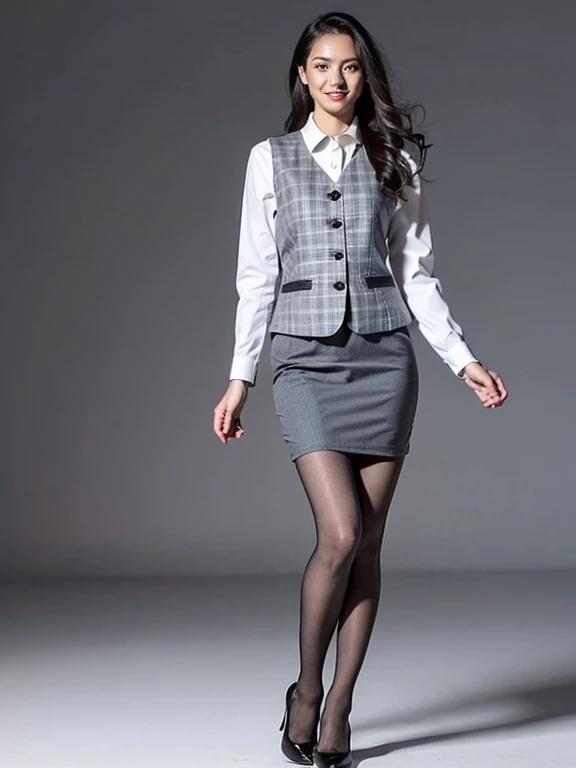 Ulchan-6500-v1.1, (Raw photo:1.2), (Photoreal), (genuine:1.4), 1girl、perfect anatomy、48 years old、medium long hair、plaid vest、(super realistic pantyhose:1.2), (high heels)、(business services)、、(((gray background)))、thighs、