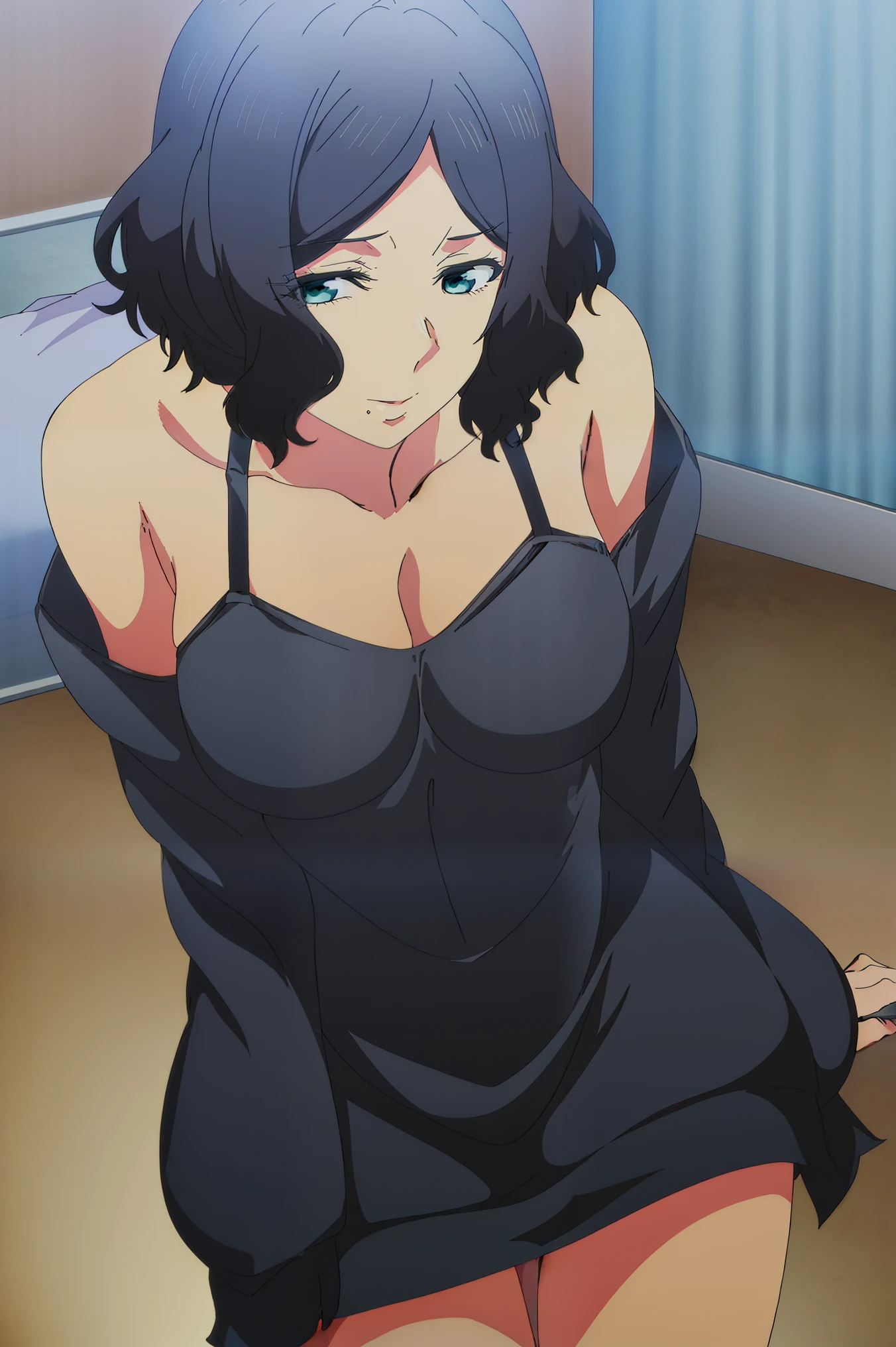 Black short hair、watching at viewers　, 1 girl, riko , cyan colour eyes　,　 panties　, sexy one piece nightwear,　lingerie ,　medium breasts　　, sexy pose　, half tank top, undress