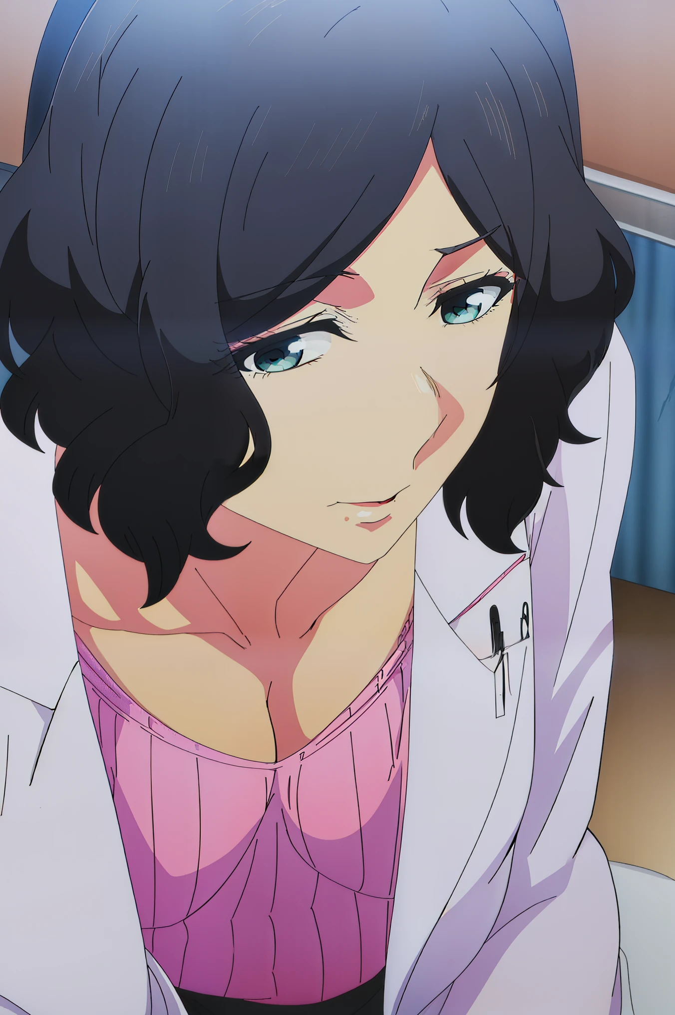 Black short hair、watching at viewers , 1 girl, riko , cyan colour eyes , panties , sexy one piece nightwear, lingerie , medium breasts , sexy pose , half tank top, undress