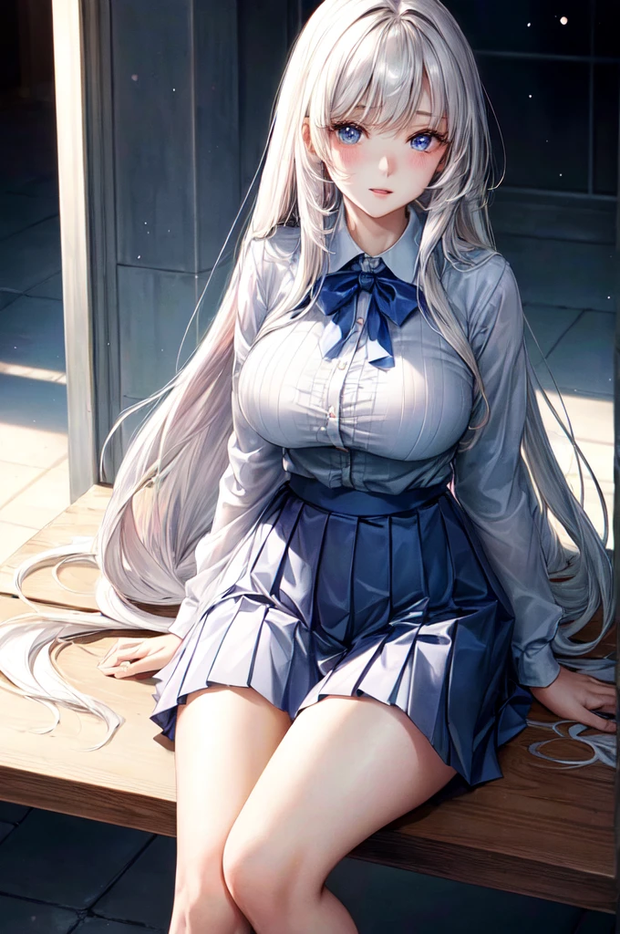 ((best quality)), ((masterpiece)), (detailed), perfect face
1 young woman, very pretty, shy, looks at me with her shy, shiny eyes, (full of sexual desire), fine nose, full lips, (very pretty face), wears a very tight blue shirt with white stripes, with 1 buttons undone (huge perfect tits,)( her nipples turgid) under the blouse, wears a blue fluttering skirt, is sitting on the counter of the shop with her legs open, showing her panties