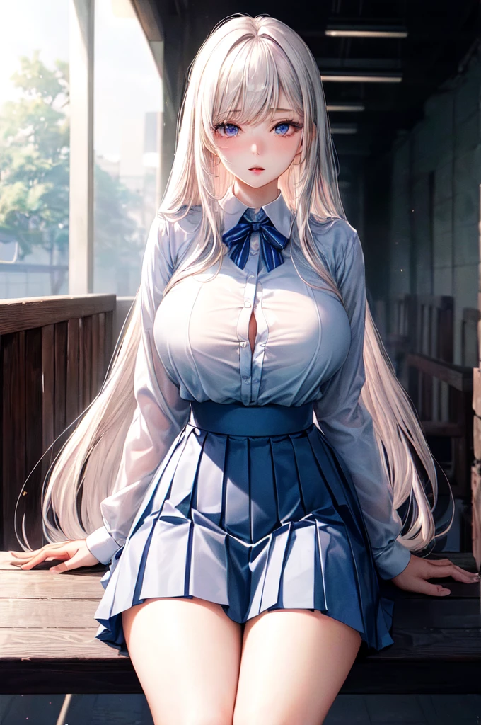 official art, masterpiece, sharp focus, (beautiful gorgeous cute Korean woman:1.3), (beautiful cute korean:1.3), korean beauty, Delicate and beautiful hair and eyes and face, realistic, ultra detailed, beautiful girl, blue sky, glow white particle, (sidelighting:1.2), slender, Lovely, very huge breasts and wide hips, massive breasts, pink blush on breasts, holding breasts, panty under skirt, up skirt, uplifting skirt, ((shy and aroused)), looking at viewer, scenery, long straight hair, sexy facial expression, sitting on bench with one leg up, dynamic hair, long straight hair, detailed platinum blond hair, glow blue eyes, (grey pleated skirt+transparent unbuttoned shirt), pale skin, at school