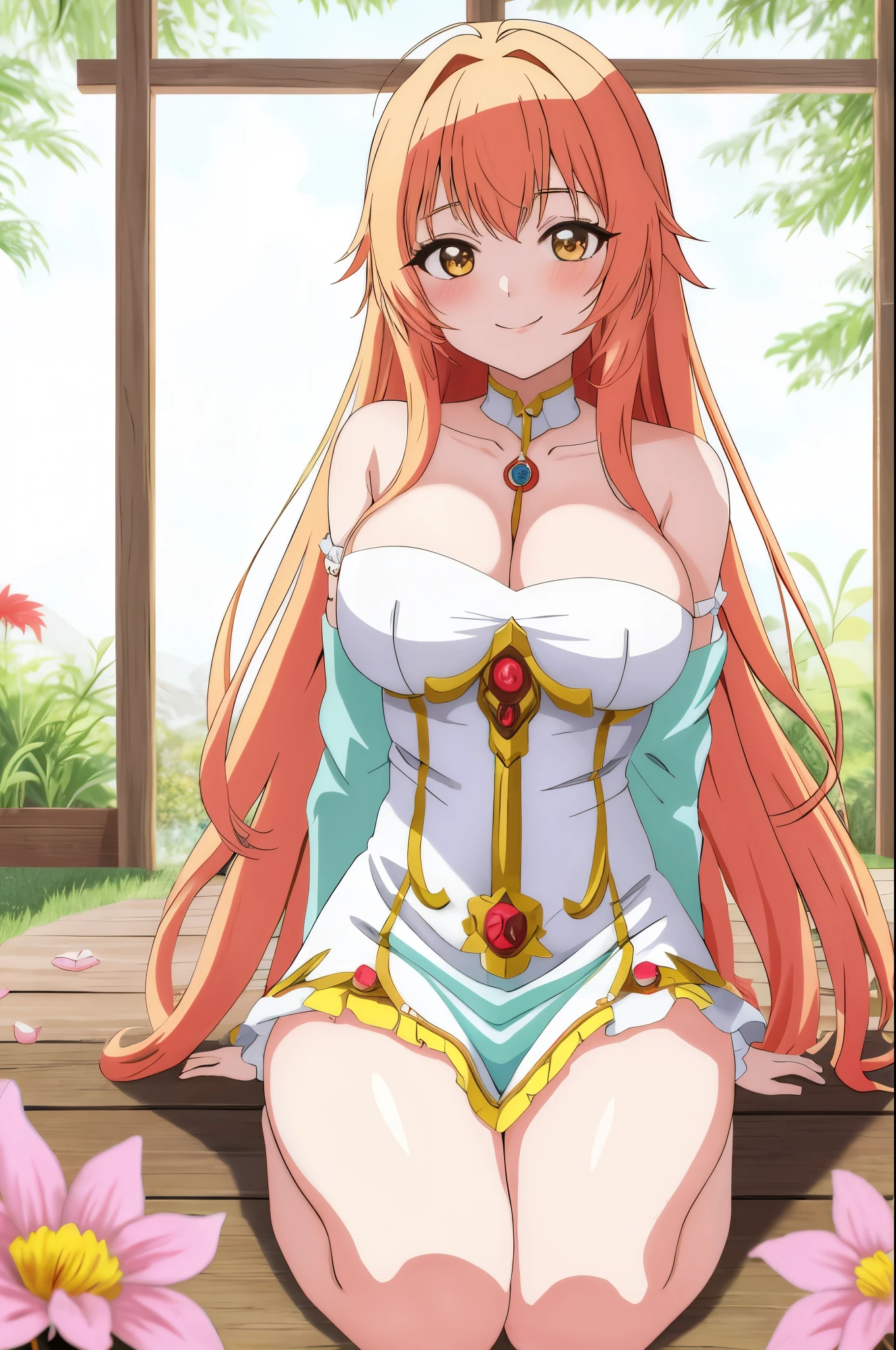 estilo de arte anime moe, garota sexy, peitos grandes, garota fofa, 4k, cores vivas, cores vibrantes, luzes e reflexos, fanart de alta qualidade, face seduction, olhar encantador, sorrinso, garota sensual, fundo de floresta, garota em um campo florido, grama e flores