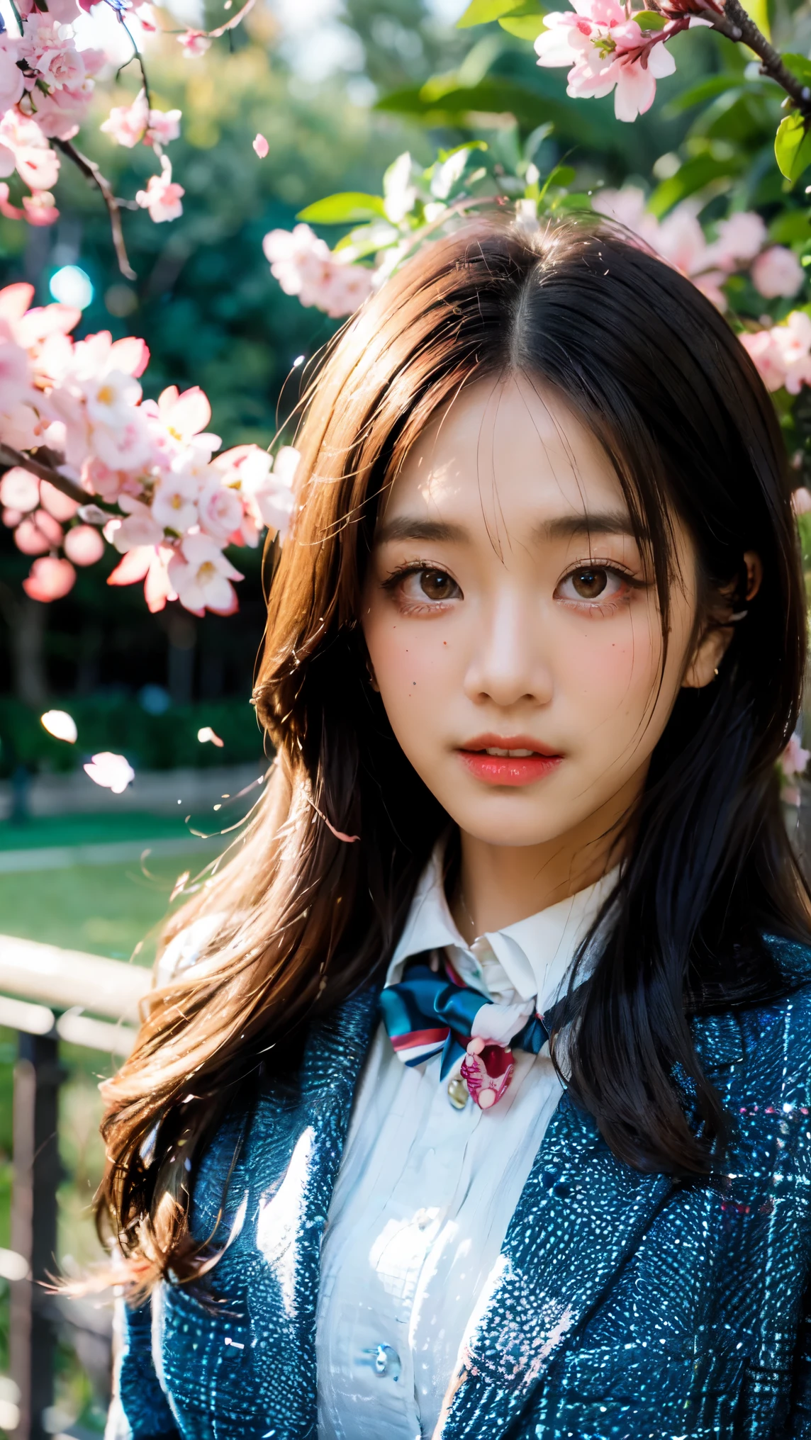 graduation ceremony、high school girl、uniform 、navy blue blazer、Cherry tree in full bloom、Cherry blossom confetti、perfect proportions、cute、((18 year old female:1.ung adorable japanese face,official art,Highly detailed CG Unity 8K wallpaper,(masterpiece:1.0),(highest quality:1.0), 超A high resolution,4k,Super detailed, photo shoot, 8K, nffsw, High resolution, kodak portrait 400, film grain, lens flare glow,高いest quality,8K,nffsw:1.2),portrait shot,8K、View viewer