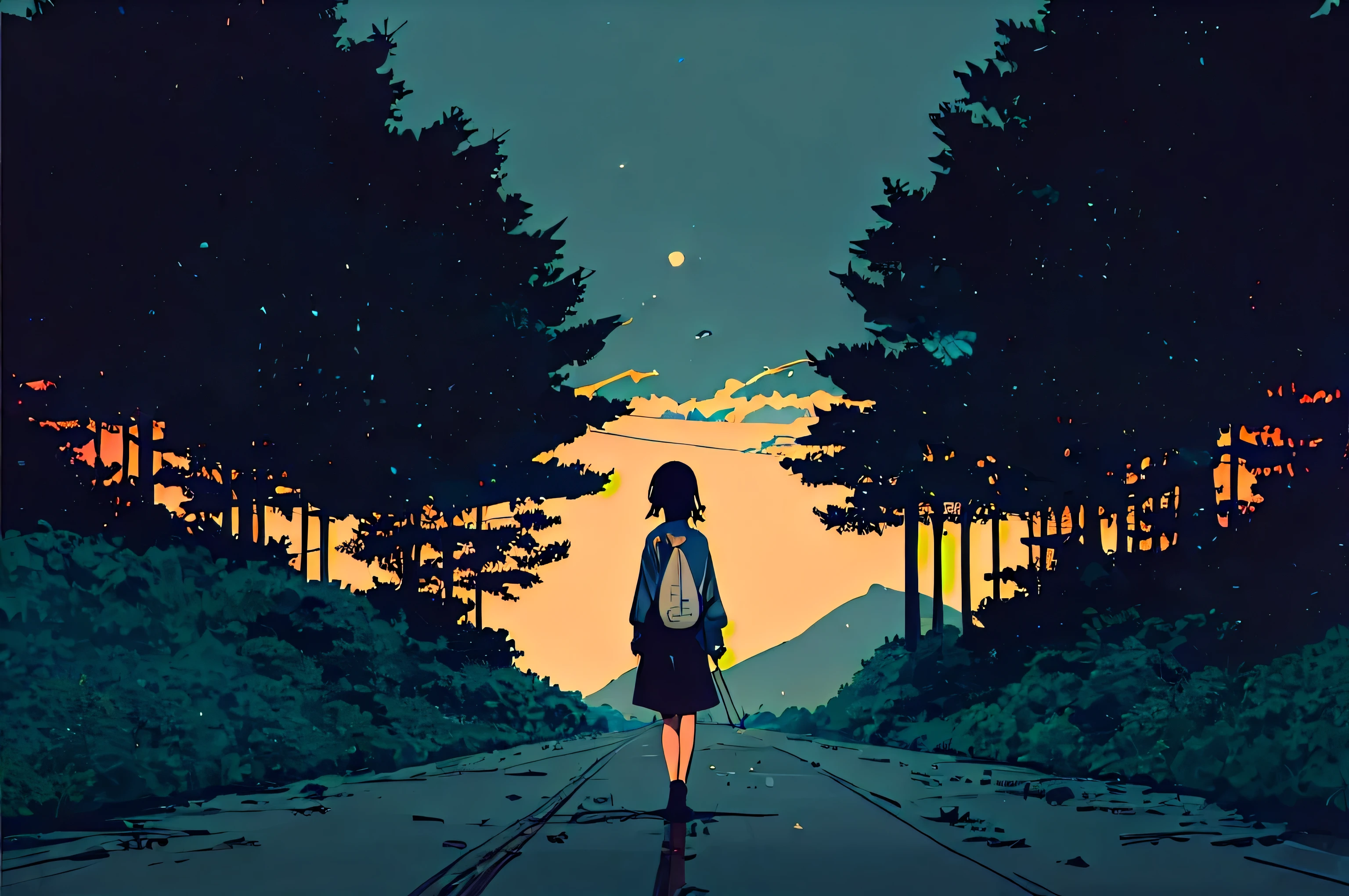 there is a woman standing on a road with a backpack, makoto shinkai cyril rolando, anime art wallpaper 8 k, anime art wallpaper 4 k, anime art wallpaper 4k, lofi girl, anime wallpaper 4k, anime wallpaper 4 k, style of alena aenami, 4 k manga wallpaper, lofi art, inspired by Alena Aenami