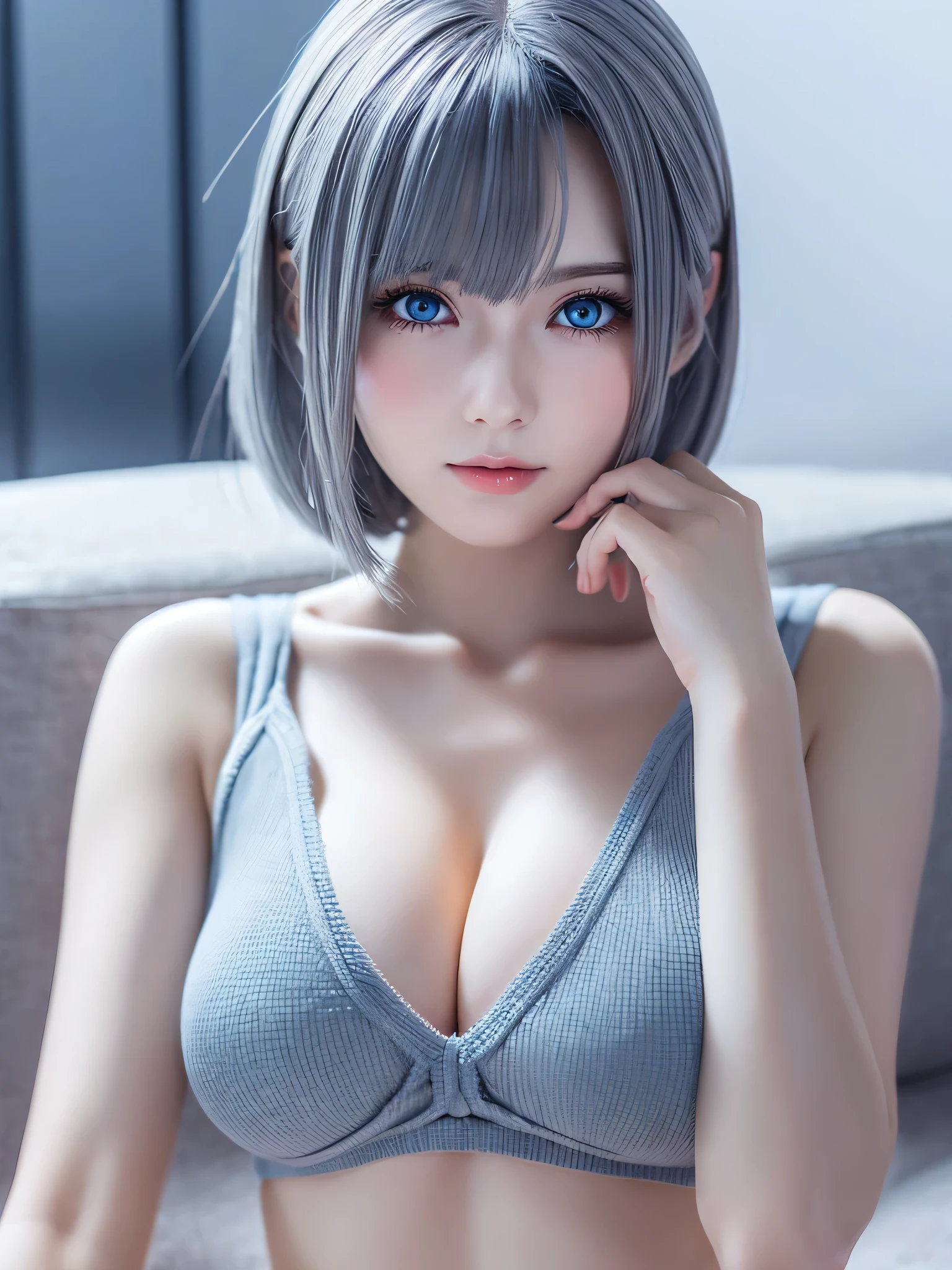 18 year old female,gray hair,short bob,Blue eyes,very huge breasts,perfect hands,((3D anime style)),