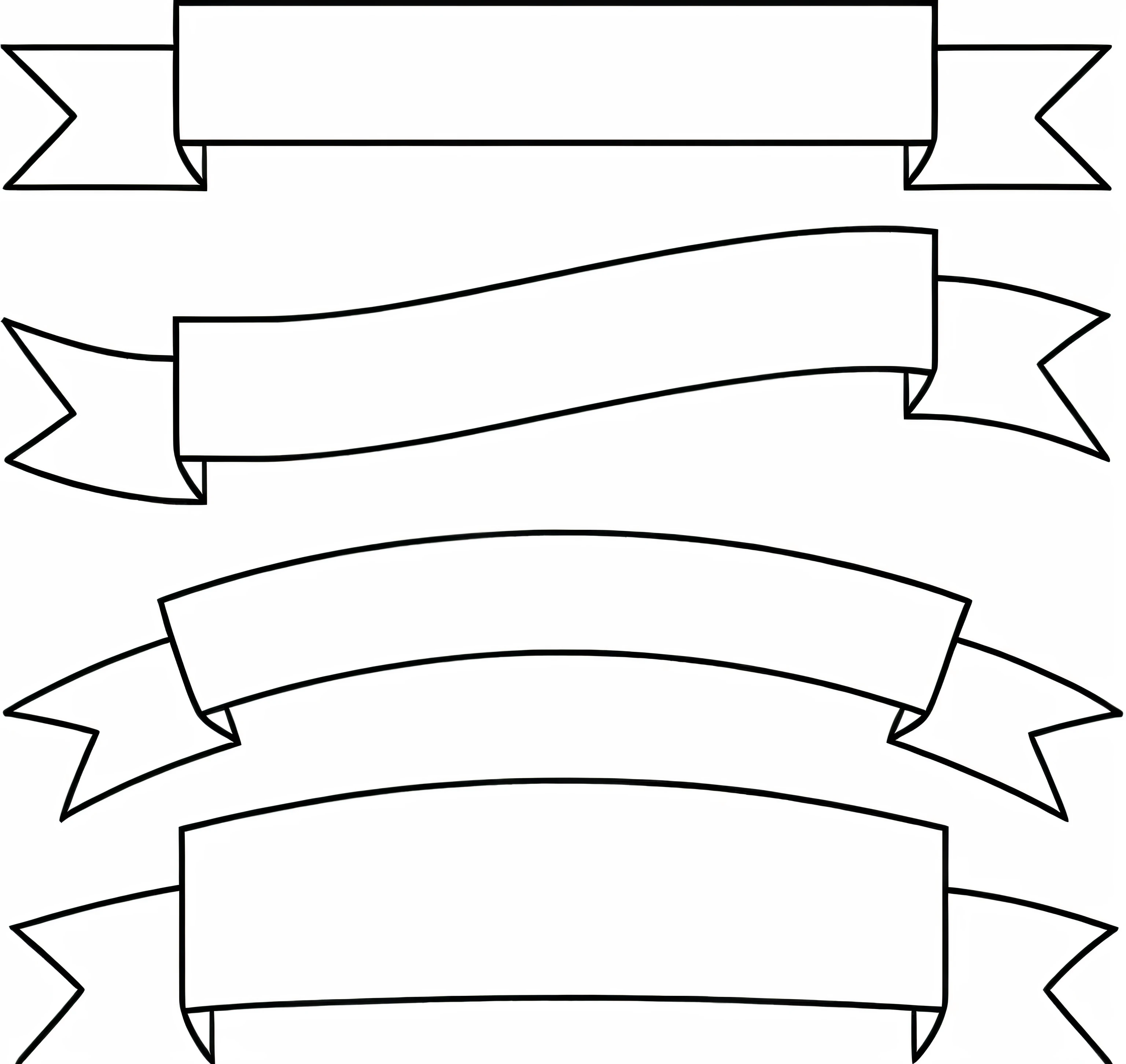 a set of four banners with arrows on them, wide ribbons, banners, clipart, white outline border, ribbons, white borders, clean black outlines, red banners, black outlines, cloth banners, line - art, simple lineart, clip art, line vector art, simple line art, line art, svg vector art, black and white vector, blank