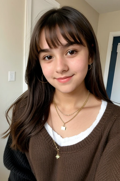 A 12 year old girl with straight brown hair, black sweater and necklaces taking a selfie