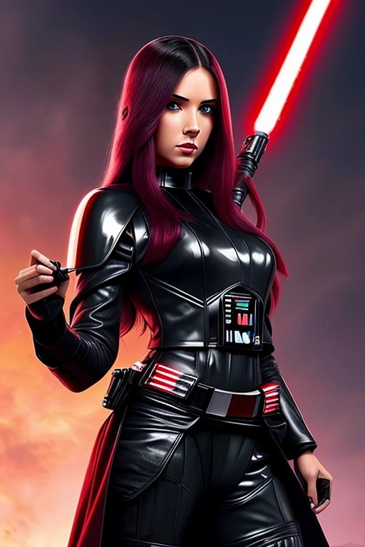 A star wars personnel,with a black custome,very vvery long whute hair,with a lot of weapons aand red skies,pink eyes and cherrcherry lips.