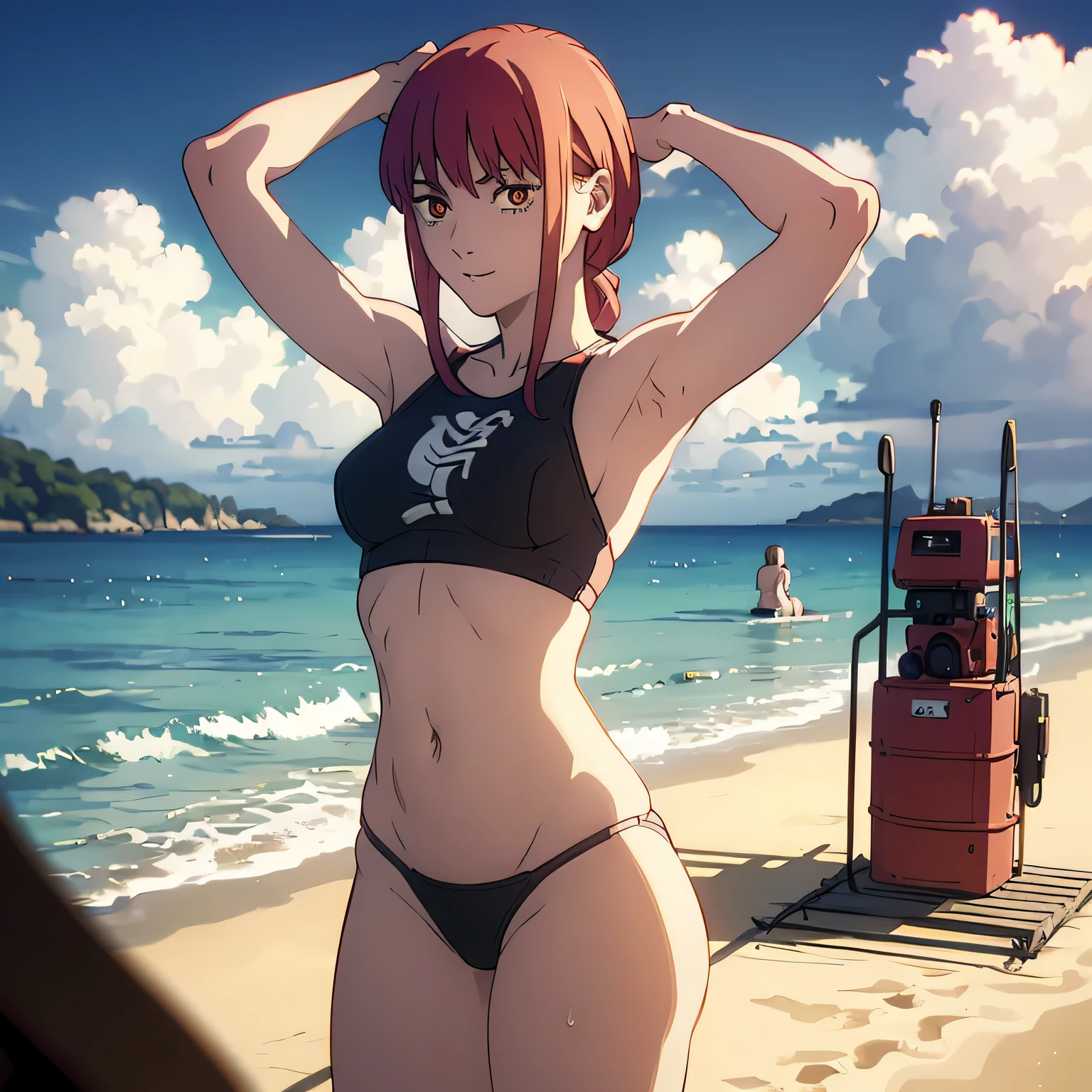 masterpiece, best quality, official art, 8k wallpaper, highly detailed, illustration, 1 girl ,red swimsuit, beach , bare shoulders, makima (chainsaw men) ,arms up , thick thighs, big ass , sunny day , looking at viewer, sweat, perfect eyes , perfect anatomy