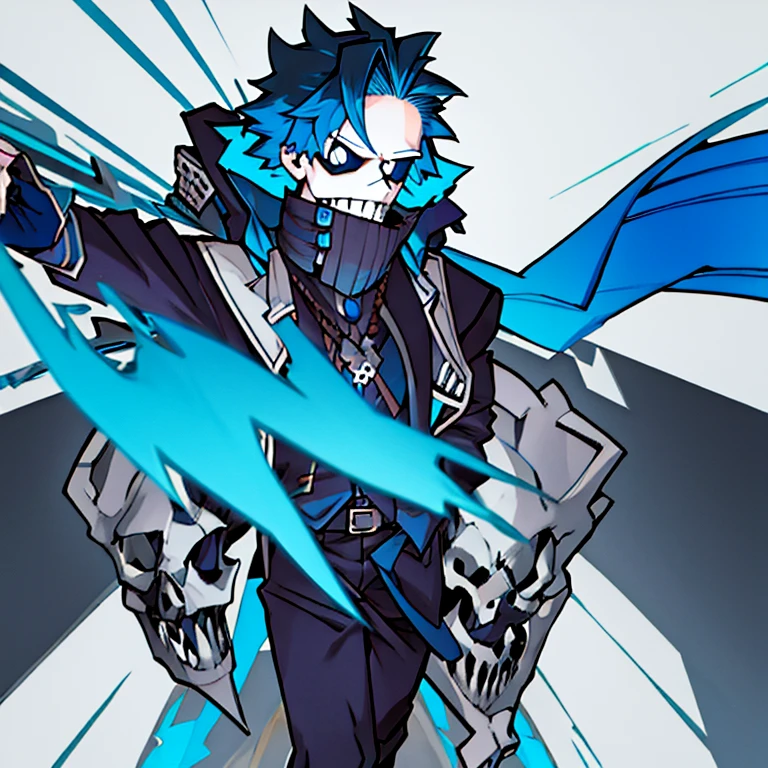 Human Male , BLUE Messy hair ,skull mask, solo , Black Jacket
