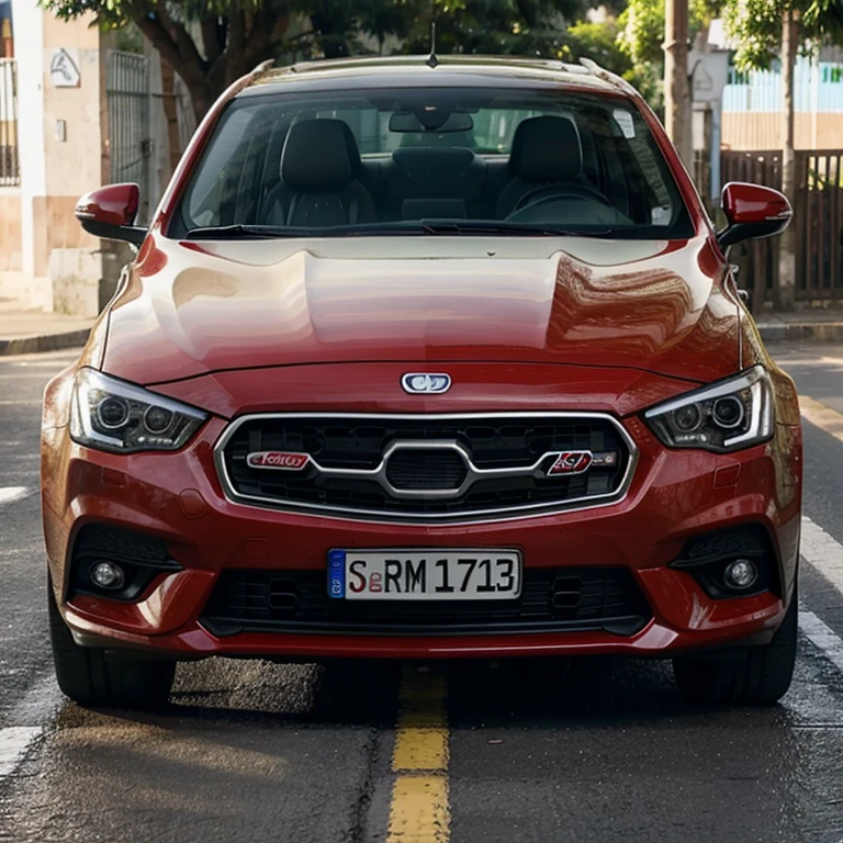 Carro, vermelho com adesivo escrito ficha com um menino dirigindo