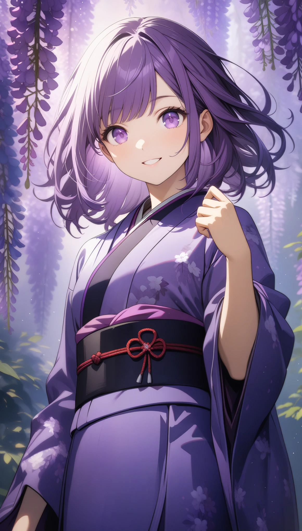 32k, best quality, ultra high res, HDR, UHD, extremely detailed CG, unity 32k wallpaper, (((hight quality))), (((high-level image quality))), ((smile)), (((hight quality wisteria flowers background))), (((purple hair))), (((purple eyes))), (((cute gal))), (((illustration))), (((purple light particles))), (((purple kimono))), (((purple Japanese clothes))),