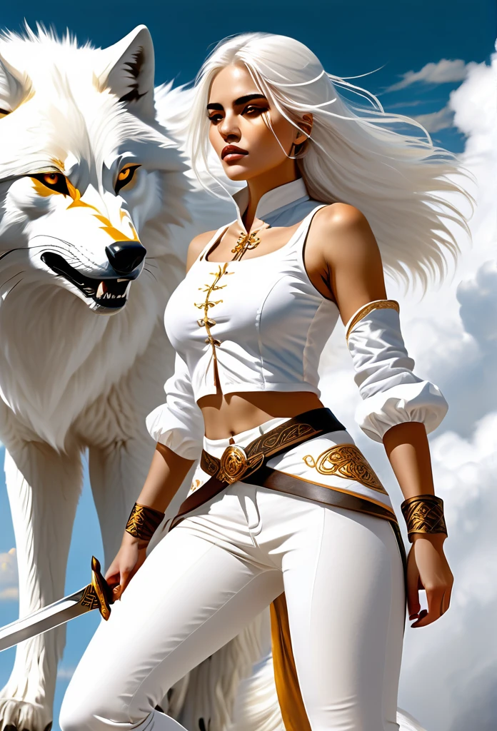 A whitewolf with golden brown eye with a lady with white hair and white trousers with long bobbootnd a fitted white slightly revealingbtop on its back .in the clouds .she has two swords with her .the wolf has a very golden designed beautiful tail.