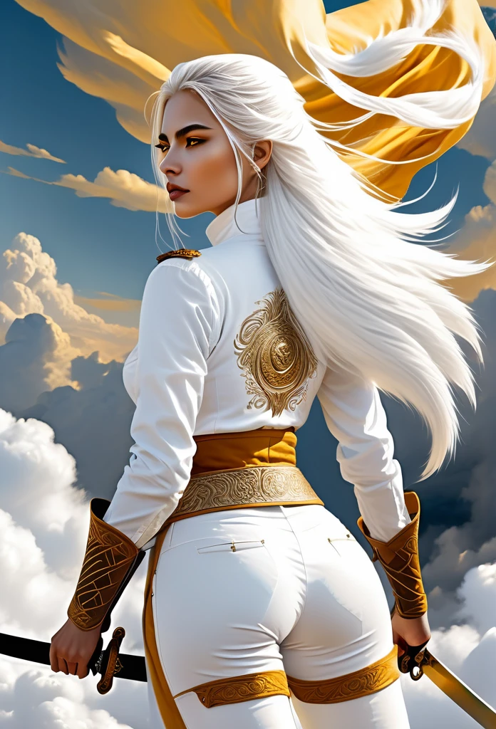 A whitewolf with golden brown eye with a lady with white hair and white trousers with long bobbootnd a fitted white slightly revealingbtop on its back .in the clouds .she has two swords with her .the wolf has a very golden designed beautiful tail.  