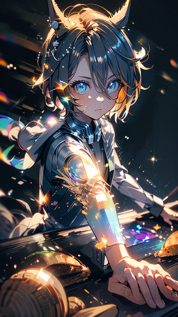 narita taishin \(umamusume\), highest quality,((highest quality)),((table top)),((perfect face)),become familiar with５Two finger hand,1 girl,(background blur), ((holographic)),1 girl,milky way, (stripes of light), impressive visuals, (dynamic streak, path of light:1.2), bright colors,Diavel Star,full body,dynamic pose