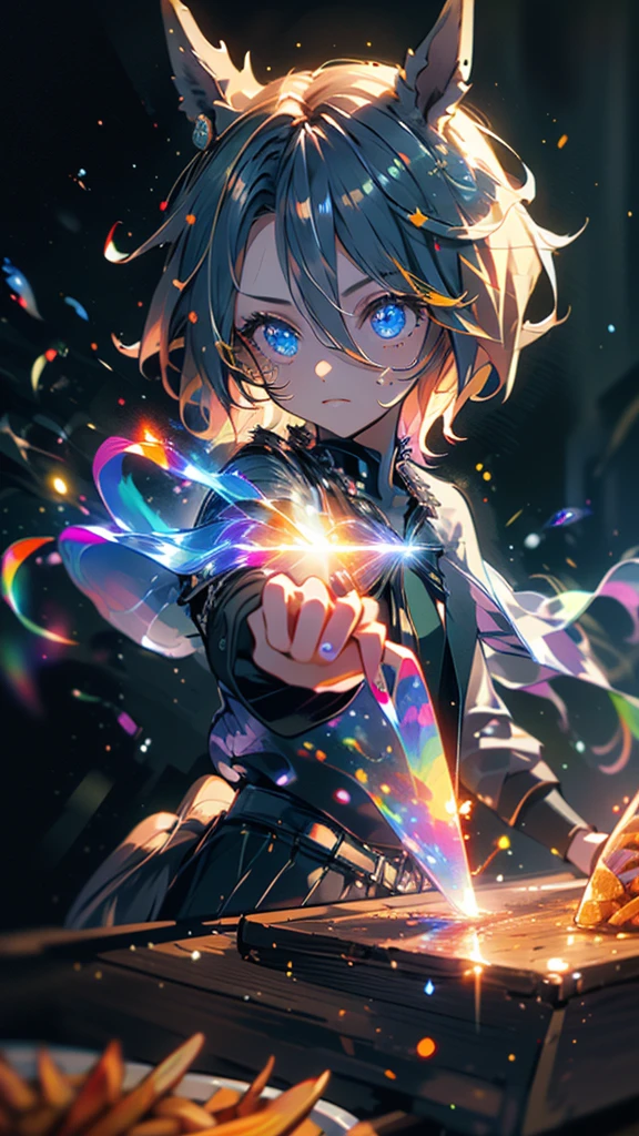 narita taishin \(umamusume\), highest quality,((highest quality)),((table top)),((perfect face)),become familiar with５Two finger hand,1 girl,(background blur), ((holographic)),1 girl,milky way, (stripes of light), impressive visuals, (dynamic streak, path of light:1.2), bright colors,Diavel Star,full body,dynamic pose