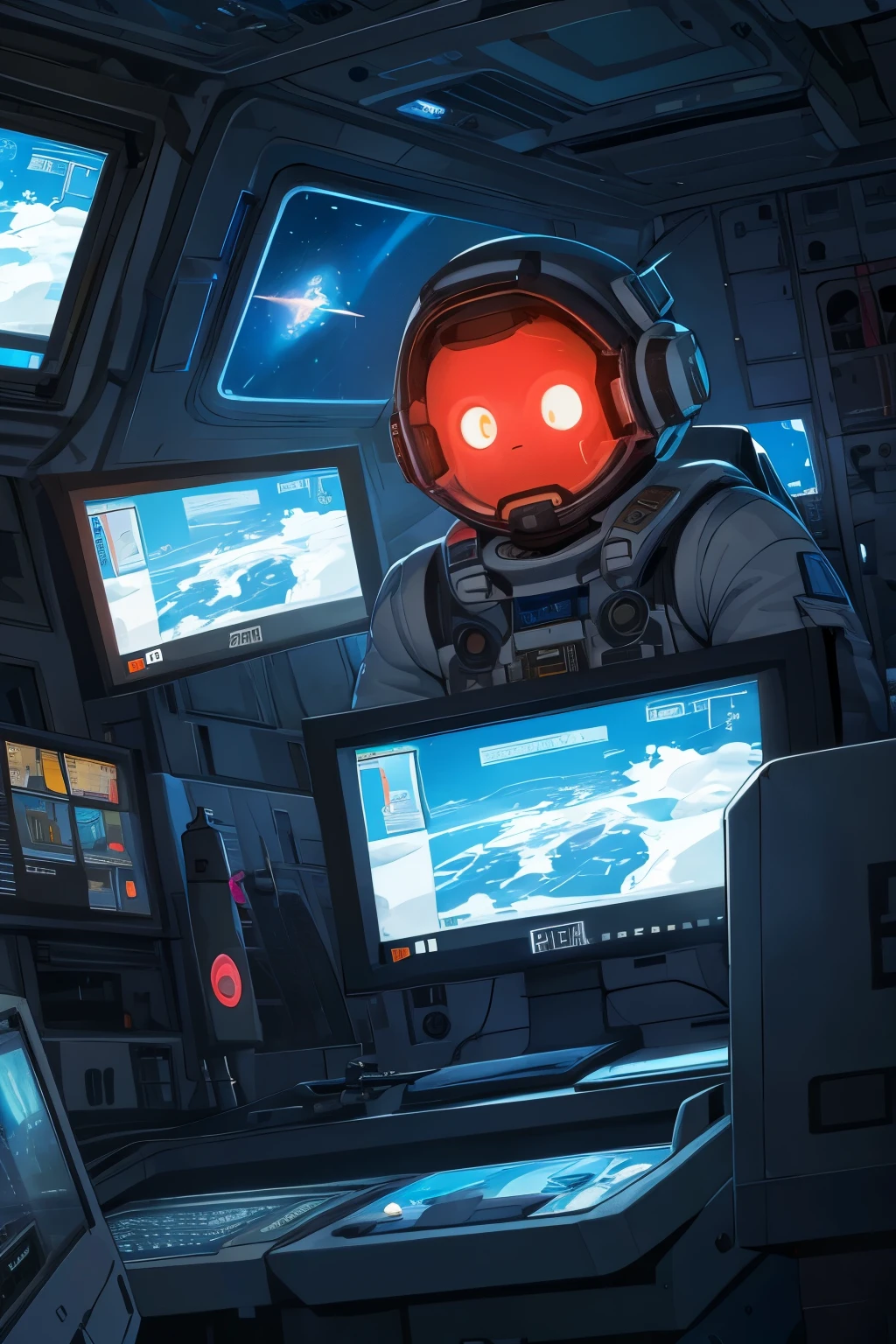 capa, maximum quality, Melhor qualidade, high quality illustrations, obra de arte, absurdos, anatomia perfeita(1 menino, quimono, peludo, astronauta, operating a machine, Rosto iluminado pela luz do monitor, panicked look, sense of urgency)cabine da nave espacial, emergency, Red Bulb,