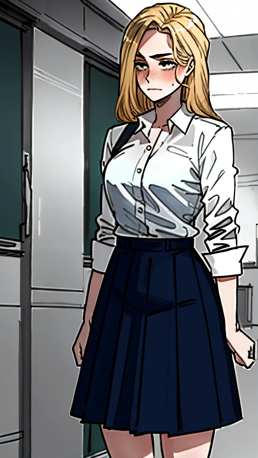 girl with blond hair, in an unbuttoned shirt and skirt, At school, embarrassed