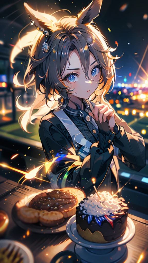 narita taishin \(umamusume\), highest quality,((highest quality)),((table top)),((perfect face)),become familiar with５Two finger hand,1 girl,(background blur), ((holographic)),1 girl,milky way, (stripes of light), impressive visuals, (dynamic streak, path of light:1.2), bright colors,Diavel Star,full body,dynamic pose