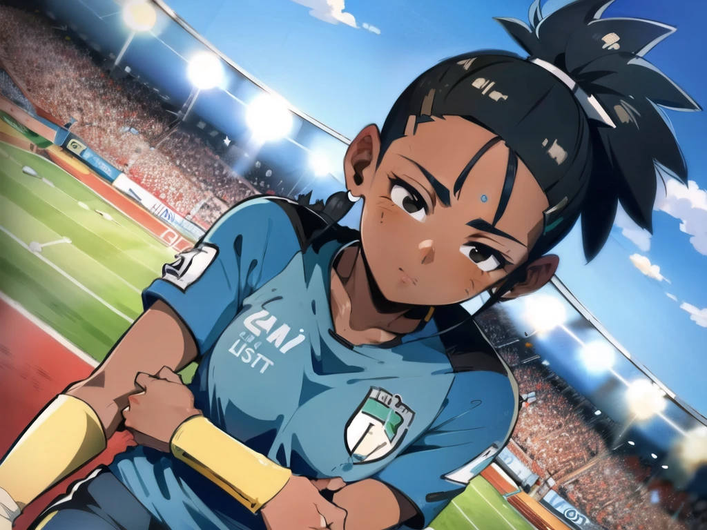 artwork, best quality, Kale, black eyes,black pupils, ponytail, top cut, armband, torso, standing, looking at viewer, wearing a blue shit from the football team  manchester city, in the stands of a football stadium ,with a viewing angle capturing her entire body.The camera's viewing angle is close, capturing every detail of the character's face,Light brown girl, black hair.
