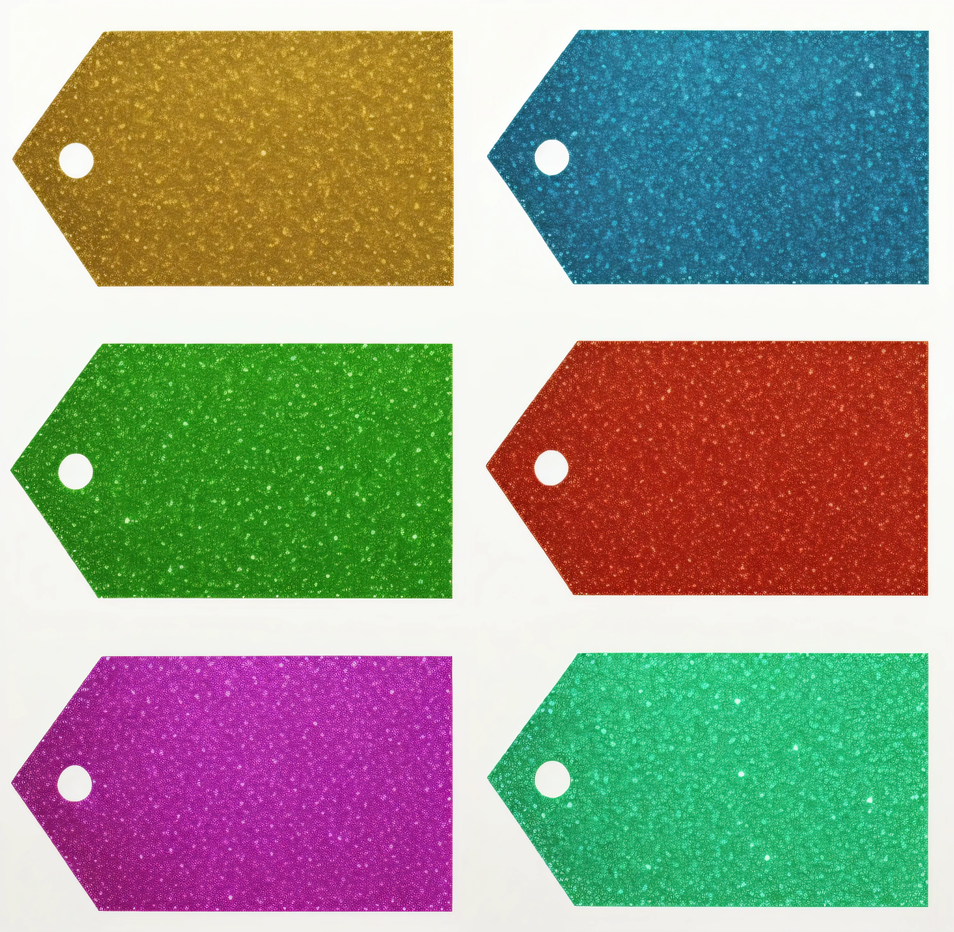 a set of six different colored tags with glitter on them, multicolored glints, glitter, shiny colorful, sparkle, vibrant color with gold speckles, glitter sticker, glittery, various colors, glitter gif, glittering, shiny colors, random metallic colors, multicolor glints, labels, metallic flecks