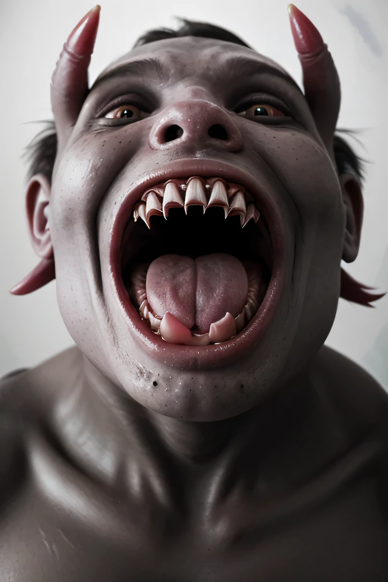 Fait une illustration réaliste d'un buste visage grotesque de zombie chubby, avec une peau pâle dont la texture ressemble à de la décomposition. Les yeux sont écarquillés avec des pupilles et des vaisseaux sanguins sombres et dilatés, menaçant. La bouche est ouverte dans un cri, révélant des dents acérées tachées et jaunie. Des traînées de liquide noir coulent sur le visage, ainsi qu'un maquillage des yeux sombre qui renforce l'aspect sinistre. Une grosse chaîne est visible autour du cou.