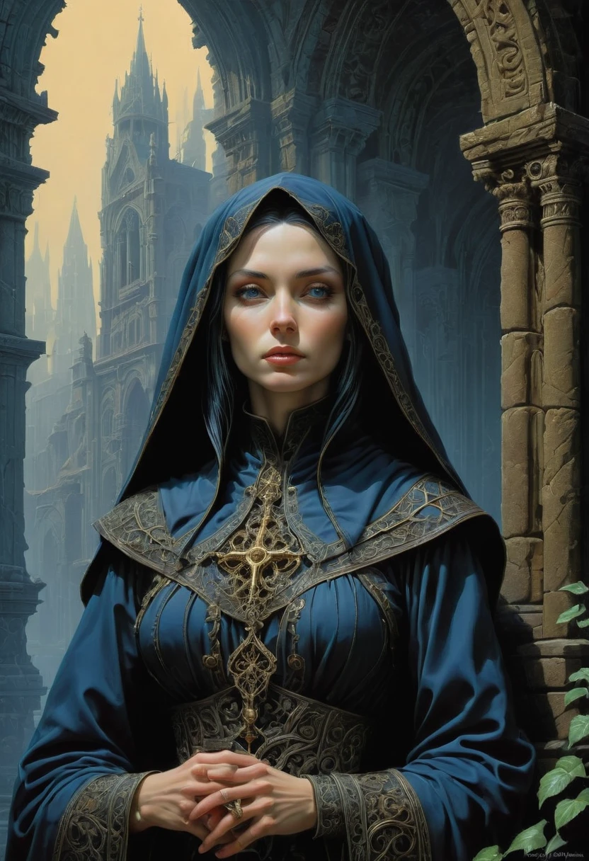 Nun, by Michael Whelan, best quality, masterpiece, very aesthetic, perfect composition, intricate details, ultra-detailed