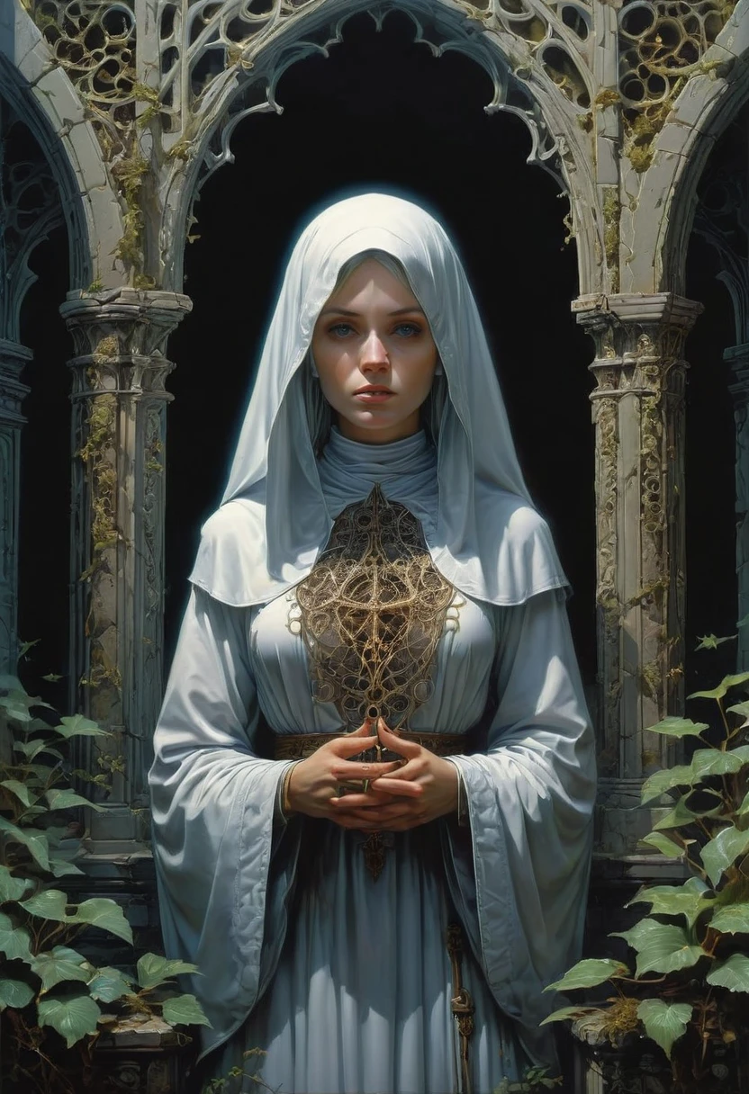 Nun, by Michael Whelan, best quality, masterpiece, very aesthetic, perfect composition, intricate details, ultra-detailed