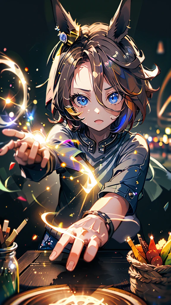 narita taishin \(umamusume\), highest quality,((highest quality)),((table top)),((perfect face)),become familiar with５Two finger hand,1 girl,(background blur), ((holographic)),1 girl,milky way, (stripes of light), impressive visuals, (dynamic streak, path of light:1.2), bright colors, full body,dynamic pose