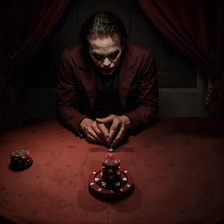 Create a picture of the joker playing roulette in a dark red room