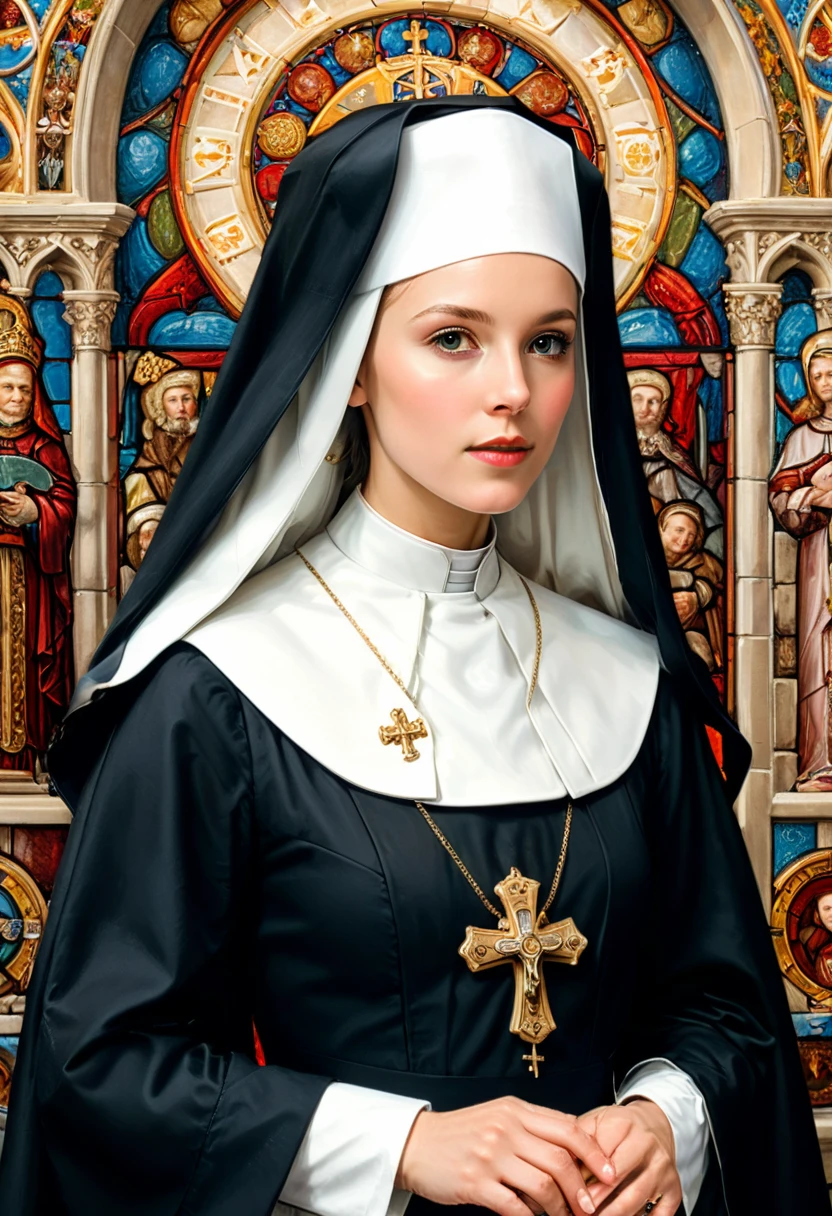 young Nun, cloister, (masterpiece, best quality, Professional, perfect composition, very aesthetic, absurdres, ultra-detailed, intricate details:1.3)