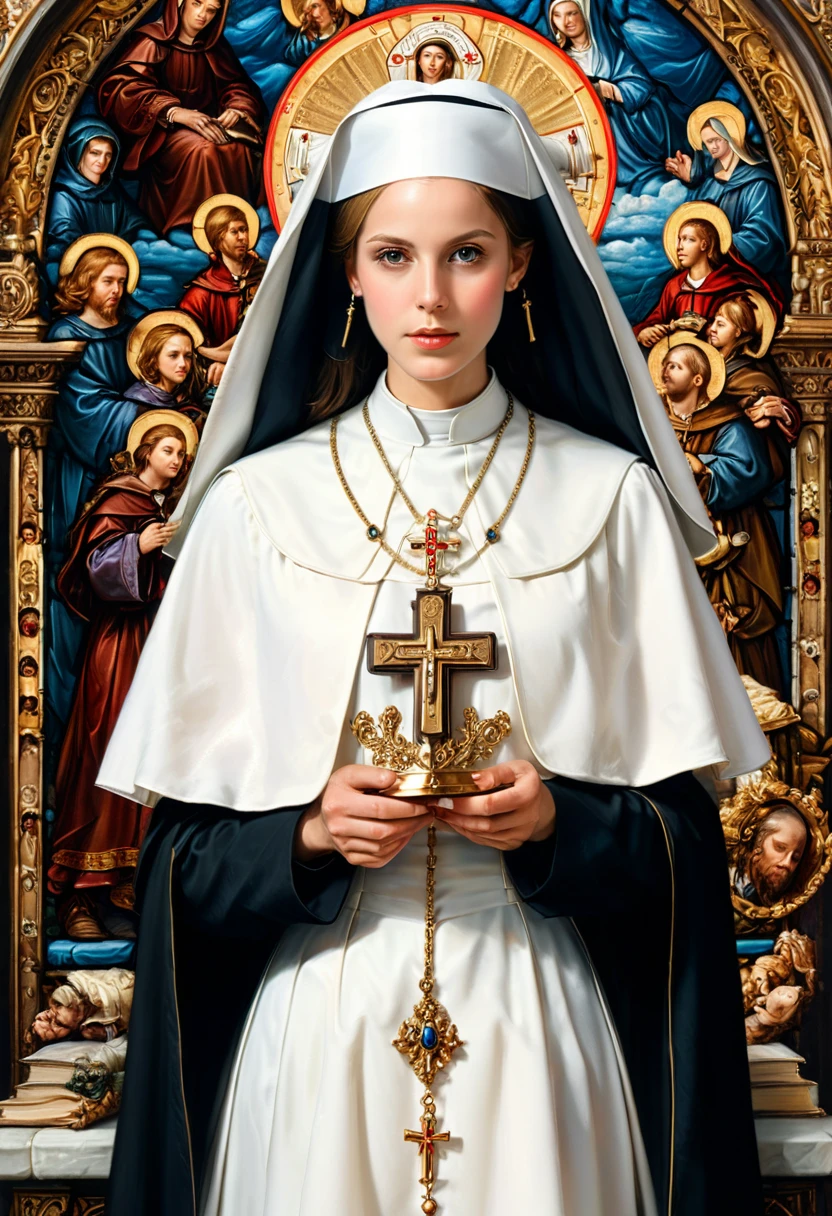 Nun holding a cross and rosary on a blue background, fashion model, Noble Saint, Now, Bem Nxoval, Nun fashion model looking up, saint, Mother Sarah Artist, Divine and funny portrait, Catholic, Profile picture, Inspired by the legendary Saint Lucia master, Retrato d&#39;Hildegard of Bingen, Woman in black robe