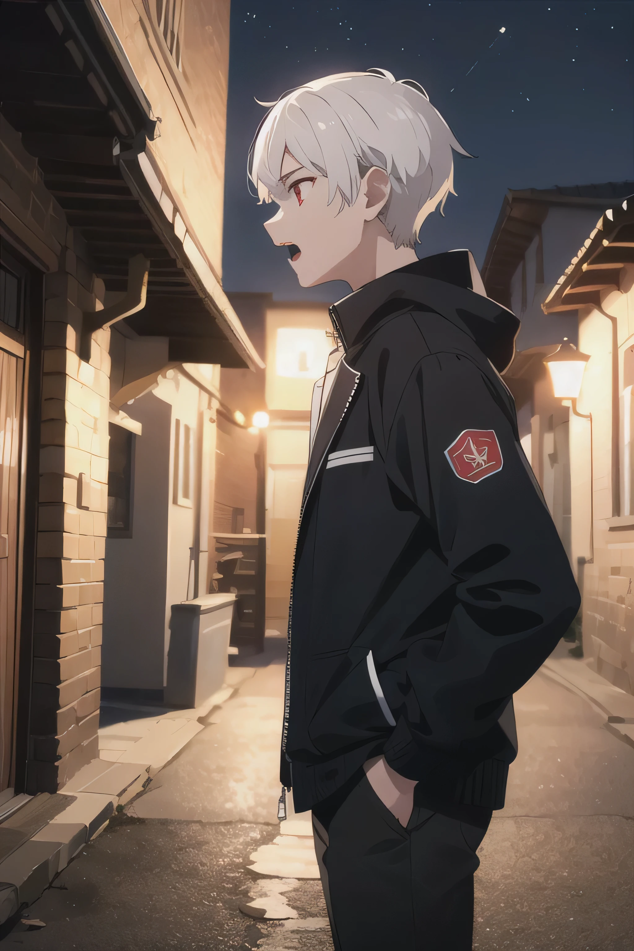 (absurdres:1.1, highres:1.1, ultra detailed:1.1),
insanely detailed, absurdres,
(high resolution:1.1, ray tracing:1.1, refraction:1.1)
(1boy, solo:1.3),  
nice hands, perfect hands, 
white hair, short hair, red eyes, (tsurime:1.1), 
jacket, open jacket, white shirt, 
black pants, fingerless gloves, :o,
sigh, 
BREAK
standing, profile, looking up,
open mouth, (shaded face:1.3), 
leaning on object, upper body, 
BREAK
magnificent view, sense of depth, depth of field, (panorama view),
alley, night, night sky, 
BREAK