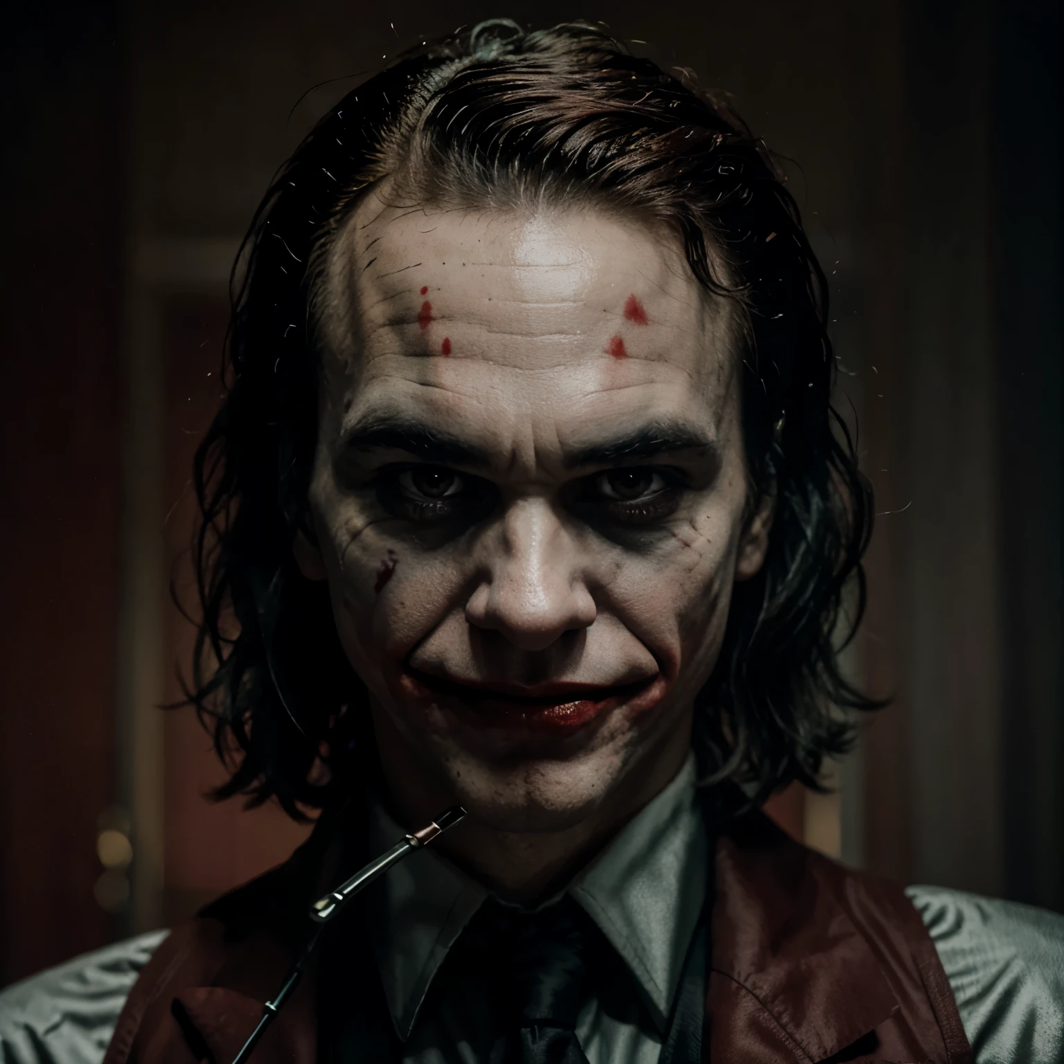 Create a picture of the joker playing roulette in a dark red room